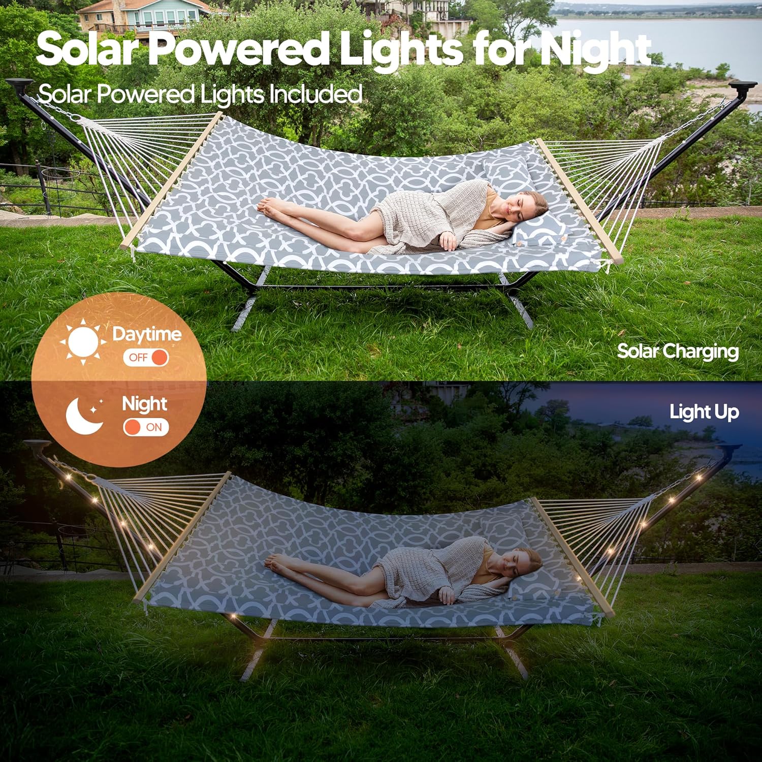 SUNCREAT Hammocks Outdoor 2 Person Hammock with Solar Powered Lights, Double Hammock with 12 ft Stand Included, Light Gray