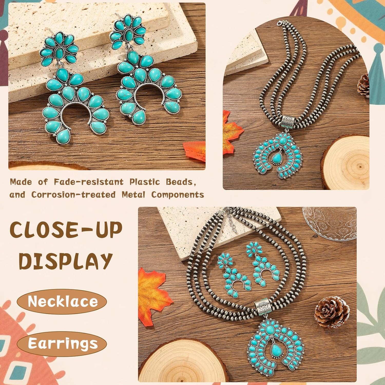 Turquoise Jewelry for Women – Western Jewelry Set with Necklace & Earring, Vintage Boho Cowgirl Accessories Adjustable Western Necklaces for Women Country Jewelry Gift for Her