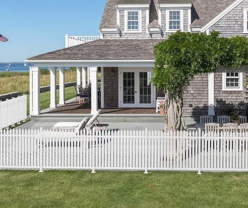 Paneles de valla de piquetes, 4 juegos de 84 pulgadas de largo x 32.6 pulgadas de alto, valla de vinilo de PVC blanca para jardín de patio delantero