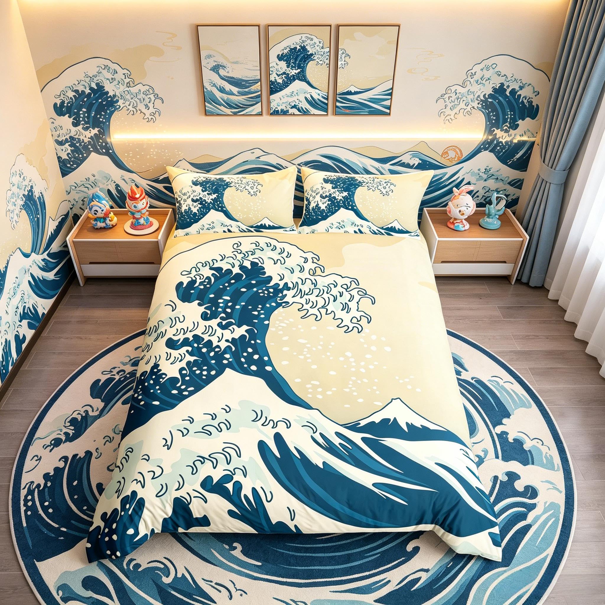 Loussiesd Wave Duvet Cover Set, Sea Ocean Waves Nautical Bedding Set Hand Drawn Japanese Motifs Illustration Wave Bedding Ukiyoe Themed Decorative Comforter Cover with Zipper, Super King, Blue Cream