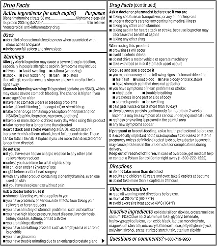 Miniatura 5 de Ibuprofeno PM de Tienda Basic Care, ibuprofeno 200 mg y citrato de difenhidramina 38 mg Tabletas, analgésico y somnífero nocturno para conciliar el