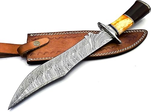 Miniatura 2 de BK-40 Cuchillo Bowie de acero de Damasco hecho a mano de 15 pulgadas - Hermoso mango de hueso de madera de rosa y cuerno de toro con vaina