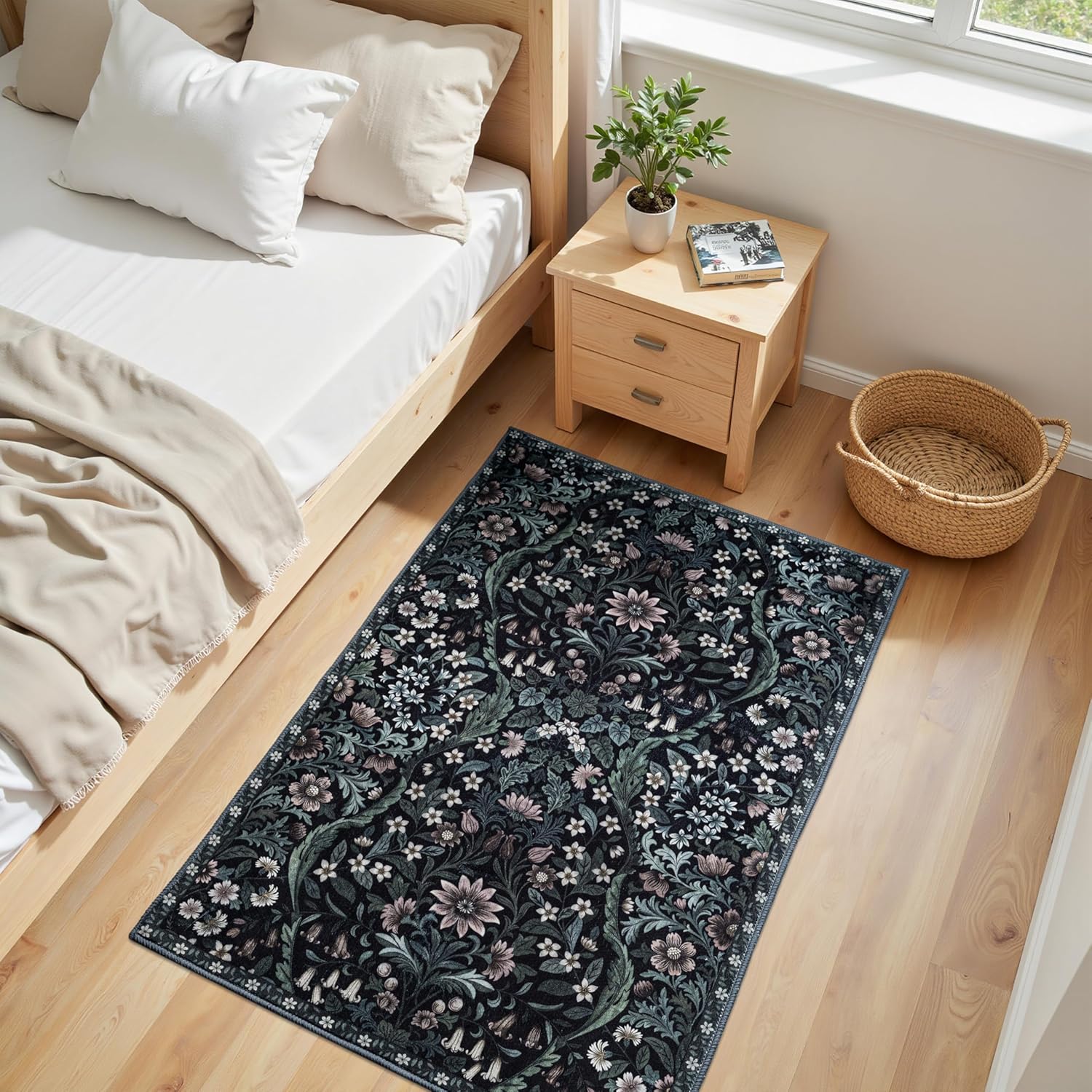 2x3 Black Floral Entryway Rugs, Washable Boho Door Mat, Low Pile Non-Slip Stain-Resistant Vintage Throw Area Rugs for Living Room, Bedroom, Bathroom, Kitchen, Home Decor