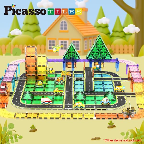PicassoTiles PicassoTiles Magnet Tile Car Track Adventure Theme Printed Street Road Runway Speedway Highway Magnetic Building Tiles Block Construction Pretend Play Playset STEM Education Learning Kit Kids 3+ PTE16 in use