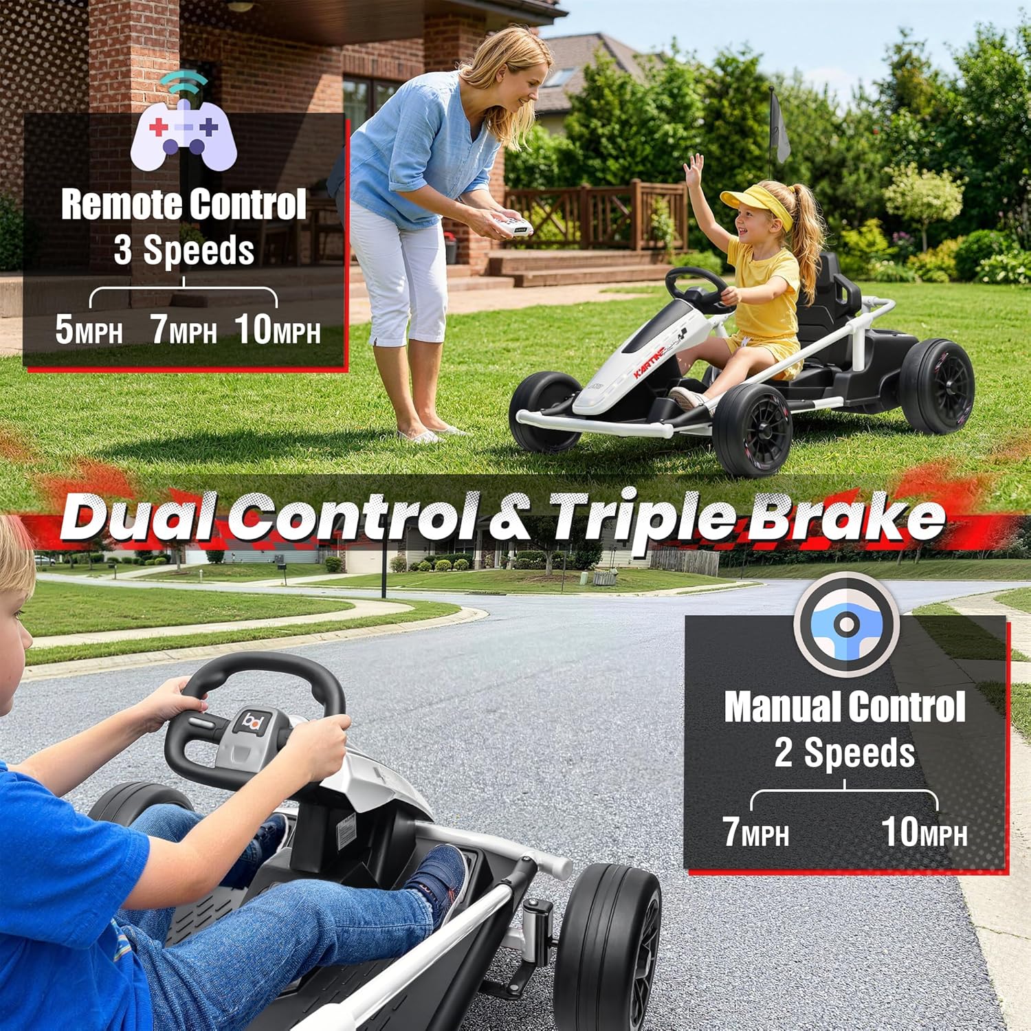 Go Kart, 24V 14AH Kids Ride On Car Drift Kart with Remote Control, EVA Tires, Metal Frame, 400W Powerful Motor, 10MPH Max(3 Speed), 135LBS Maxload, Bluetooth, Music