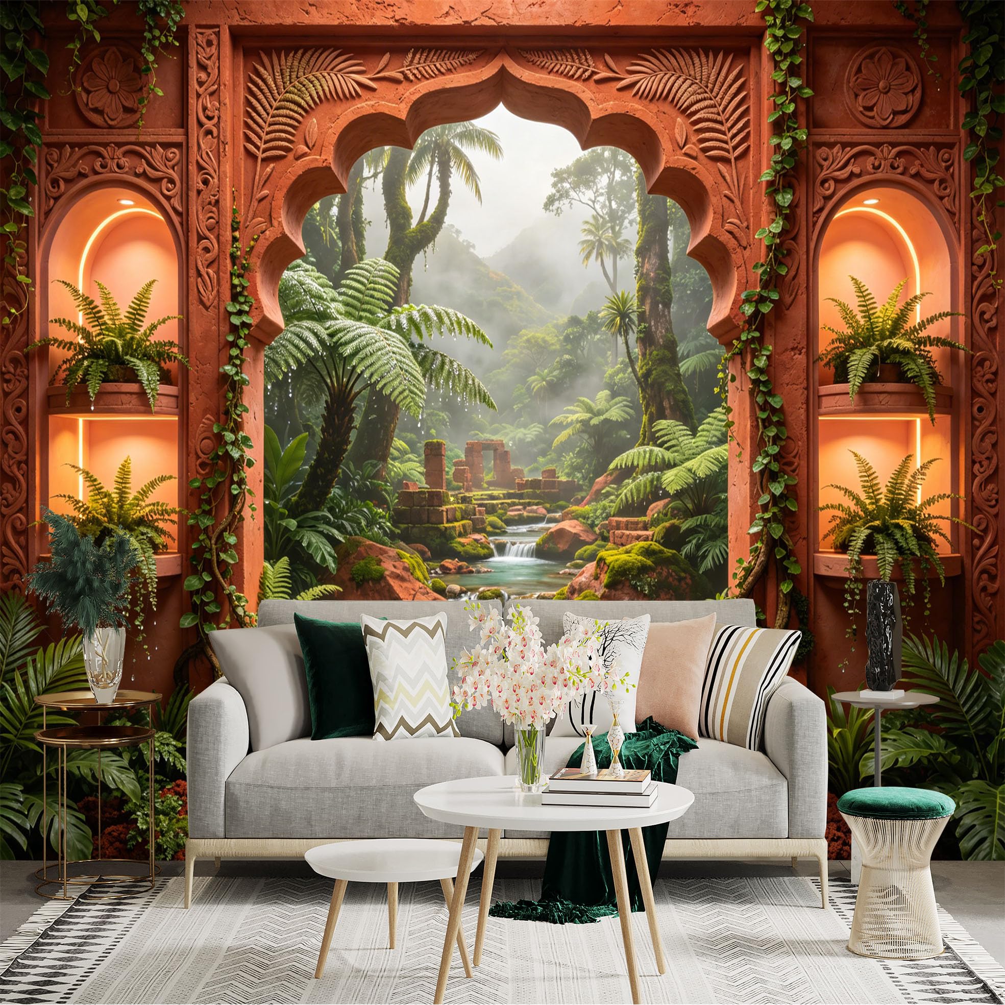 Custom Size Wall Sticker Mural， Tropical Jungle Waterfall with Ancient Ruins and Ferns， for wall Decoration， peelandstick wall Decals.