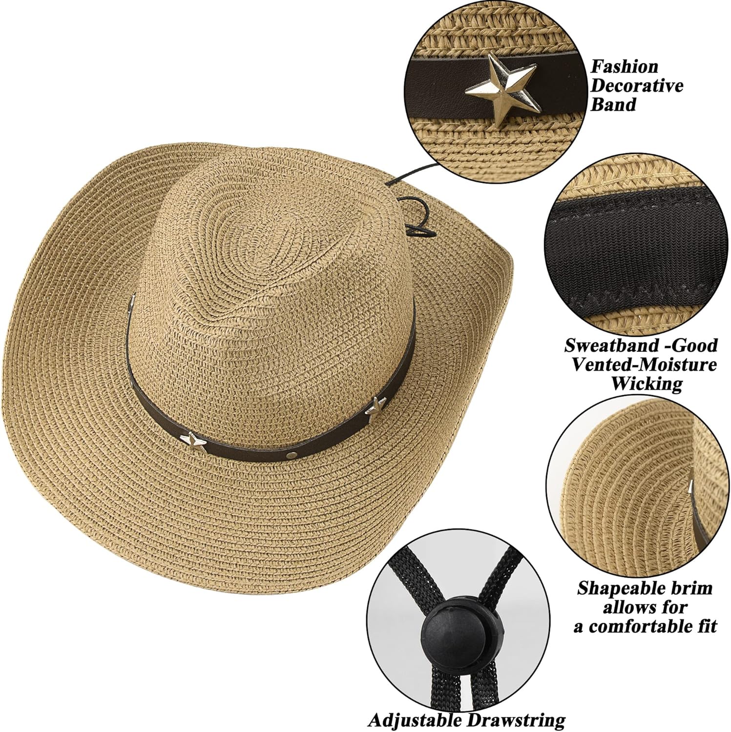 Straw Cowboy Hat for Women Men Western Sun Hat Wide Brim Summer Belt Cowgirl Hats(M-L) - Image 4