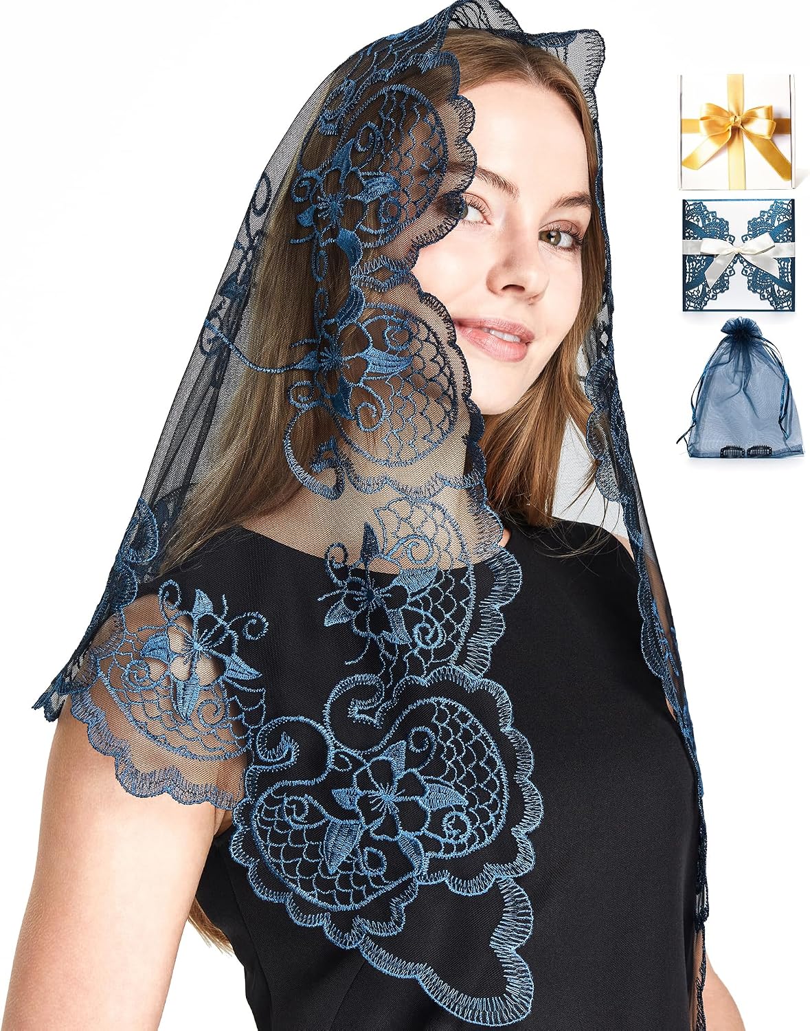 Catholic Veils Gift Set for Women Embroidered Lace Church Head Coverings Mass Mantilla Chapel Prayer Veil with Clips