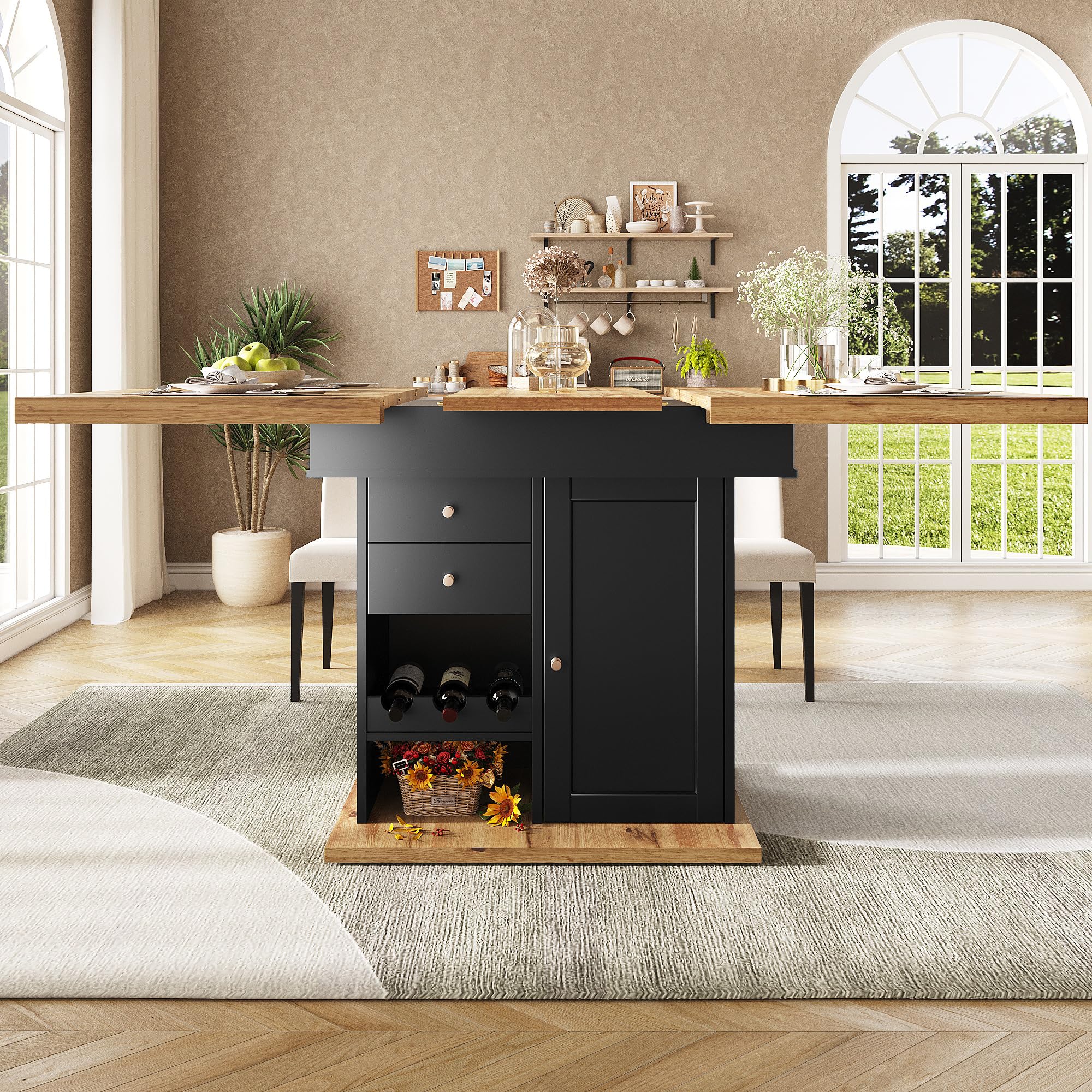 Tavolo da pranzo telescopico da cucina pieghevole per 4-6 persone, tavolo con snack e scaffale per vino, tavolo da pranzo estraibile, 1 ante e 2 cassetti, per cucina e soggiorno 110-140 x 80 x