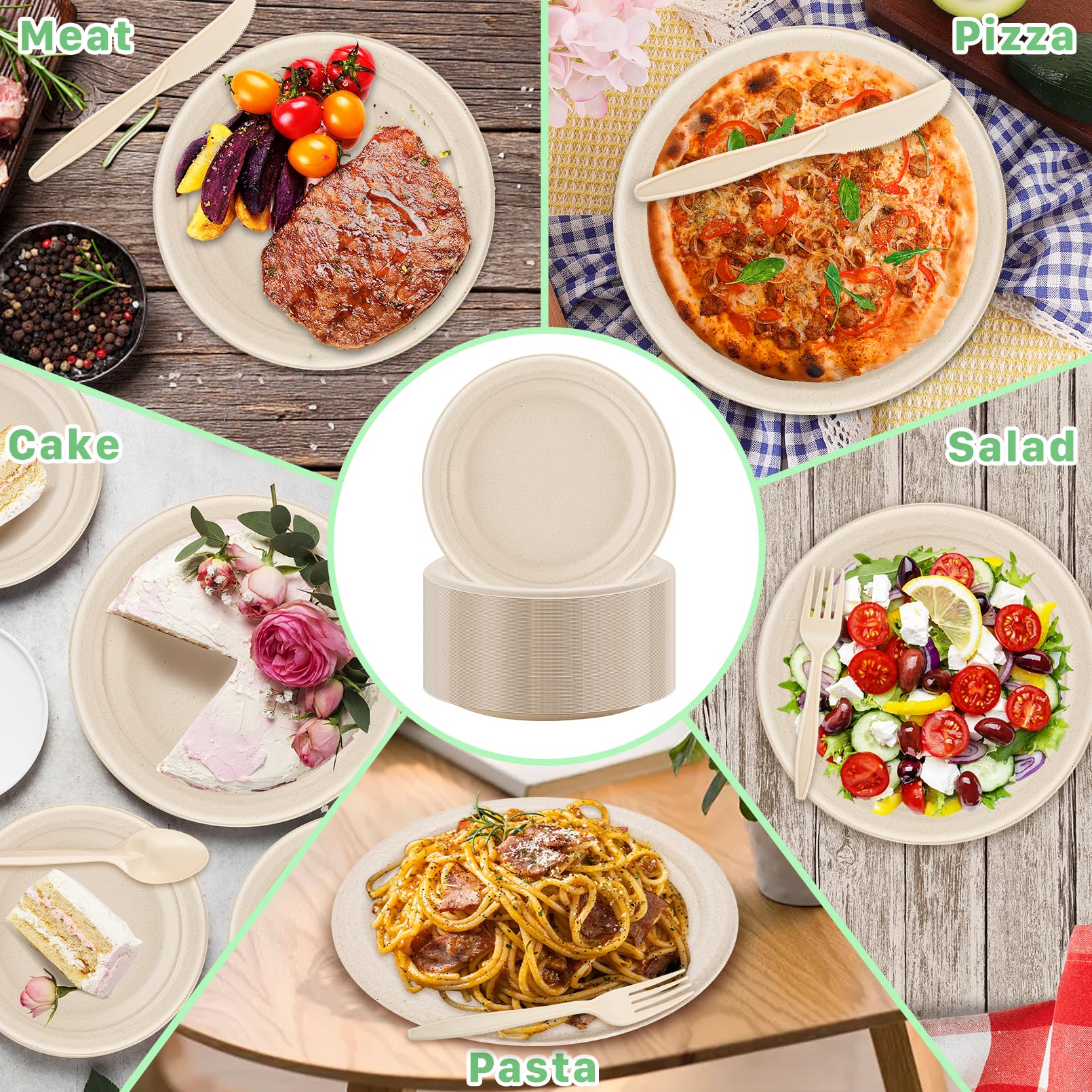 Juego de 250 platos de papel compostables, platos compostables, utensilios de caña de azúcar, juego de vajilla desechable, incluye platos biodegradables, platos ecológicos, tenedores
