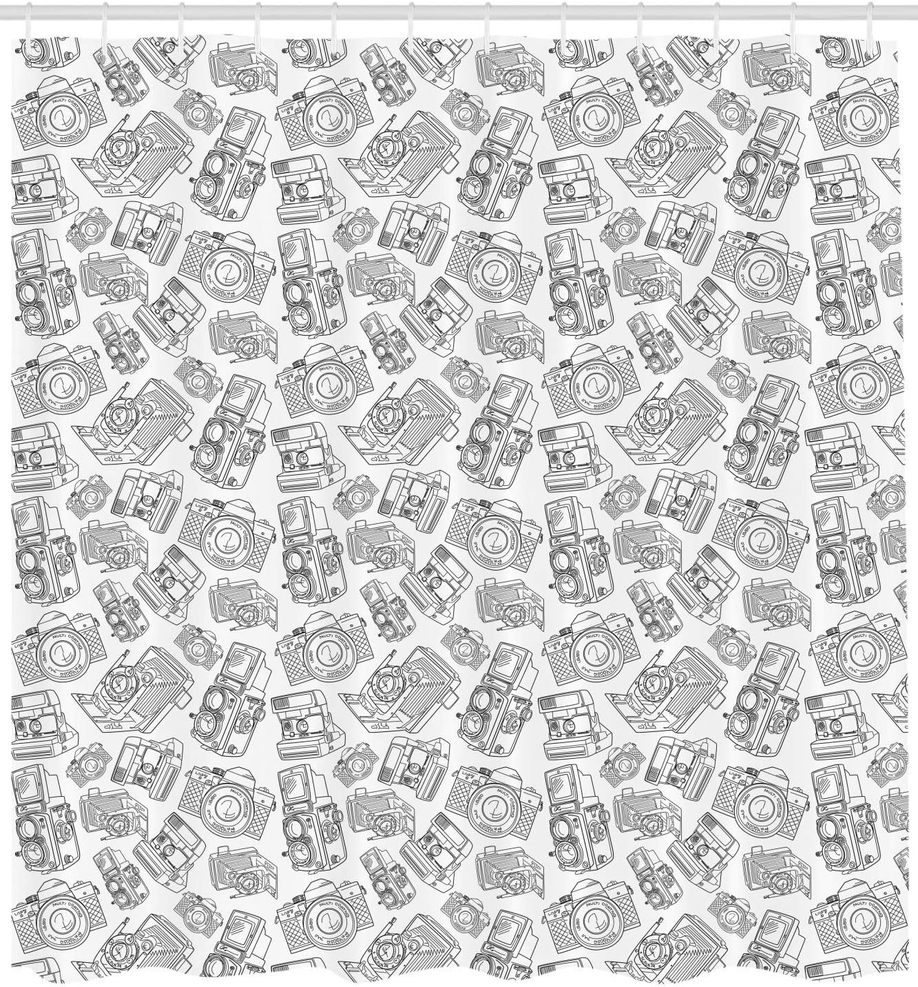 Ambesonne Vintage Shower Curtain, Antique Old Camera Monochrome Design Photography Hobby Technology Theme, Cloth Fabric Bathroom Decor Set with Hooks, 69" W x 70" L, Charcoal Grey