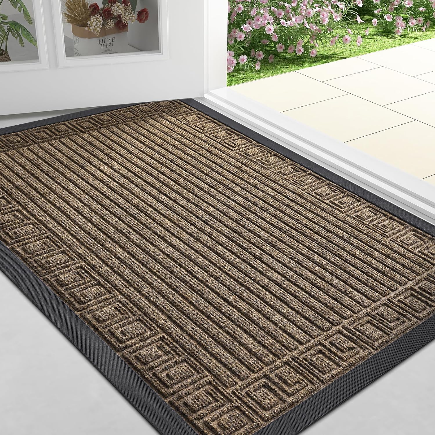 finchitty front door mat outdoor entrance, heavy duty sturdy rubber doormat, stain and fade resistant, easy to clean, low profile indoor outdoor mat for entryway and patio, 36x24, brown 36" x 24" brown