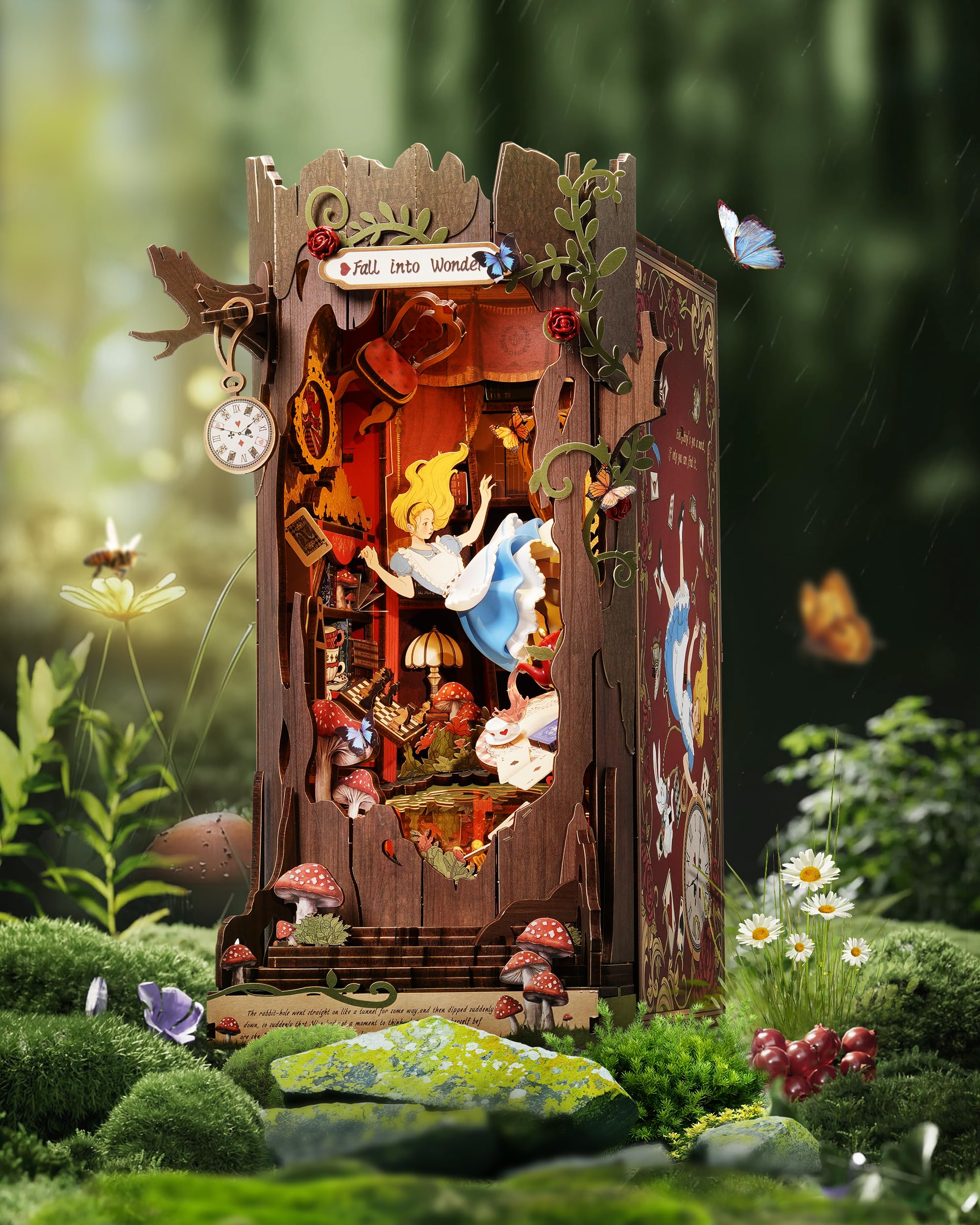 Rolife Book Nook Kit Miniature da Costruire DIY Booknook Fall into Wonder 3d Puzzle Legno con Luci Decorazione Libreria Casa Modellismo da Costruire Adulti Diorama Modellismo