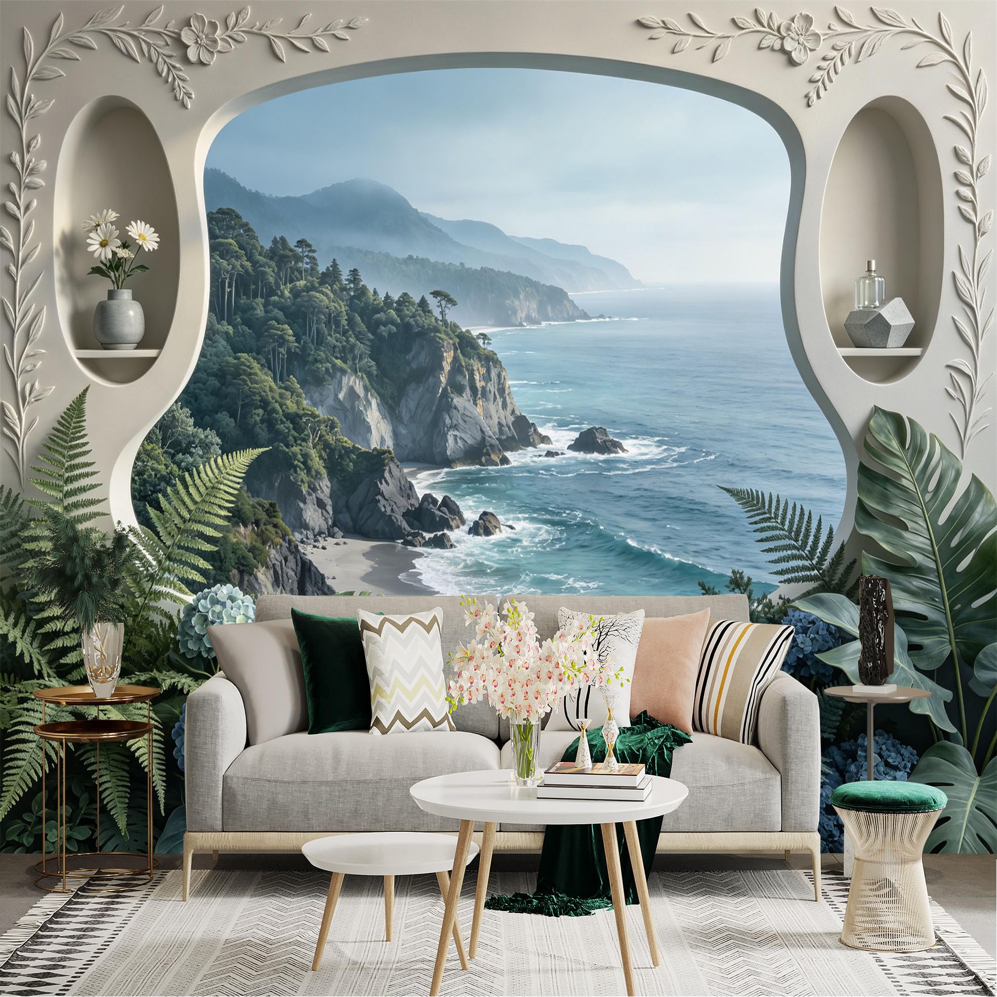 Lnzczhyre Bh260719306 Custom Size Wall Sticker Mural， Coastal Ocean View， Scenic Cliffside Landscape， Tropical Floral Decor， Elegant Archway Window， For Wall Decoration， Peelandstick Wall Decals.