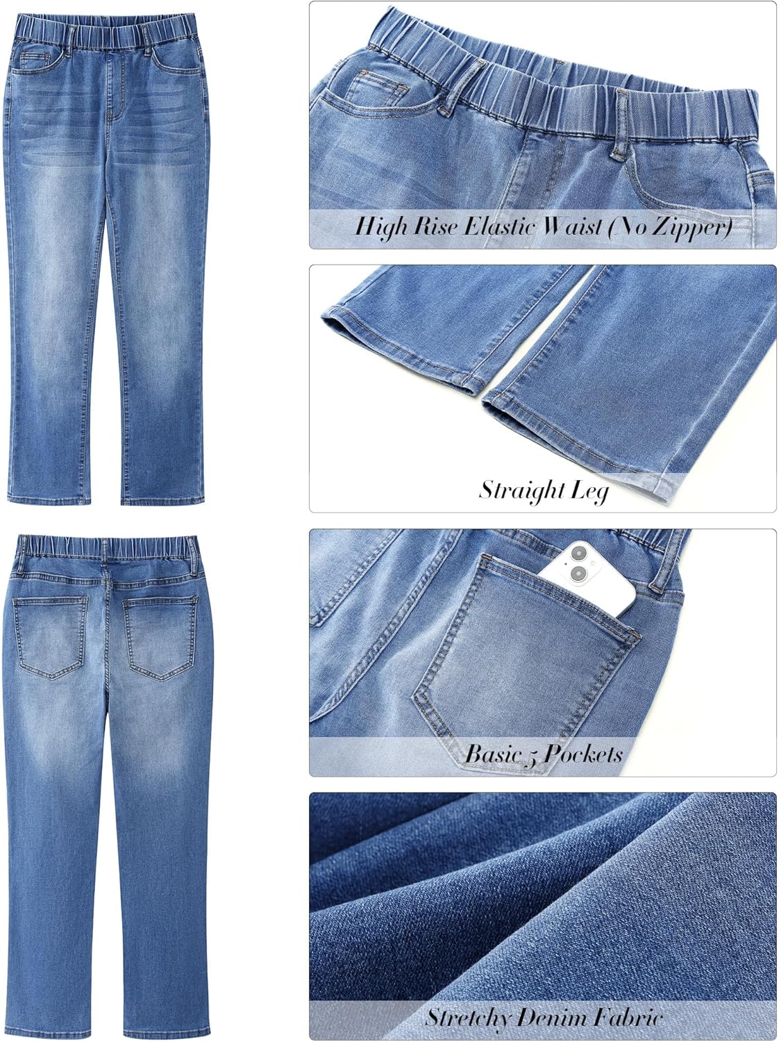 GRAPENT Straight Leg Jeans for Women Trendy Pull On High Waisted Cropped Elastic Waist Stretchy Denim Pants Ankle Jeans - Image 6