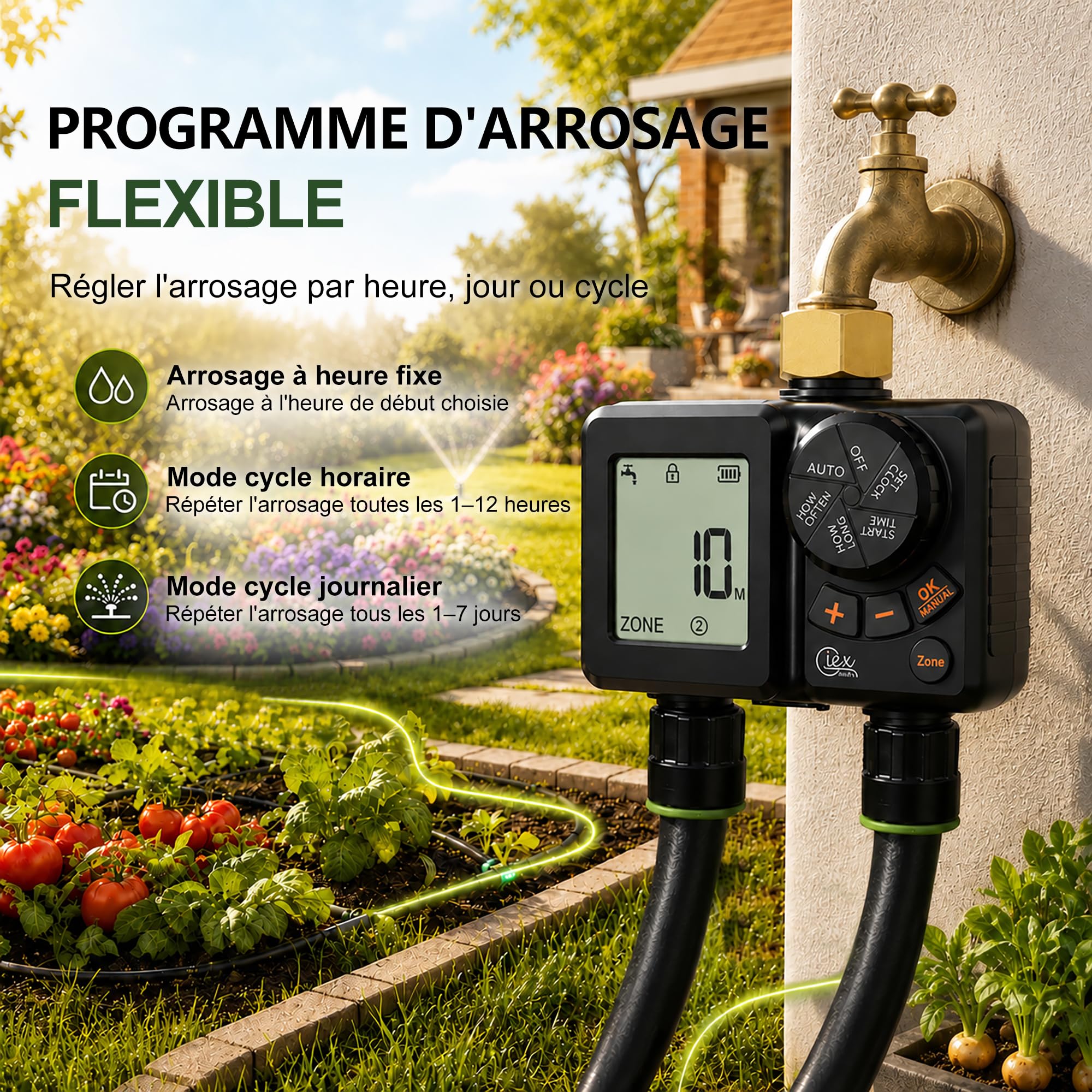 GIEX Ordinateur d'arrosage 2 voies, minuterie d'arrosage rechargeable 2 zones avec connecteur en laiton, minuterie d'eau programmable avec IP66, retard de pluie et irrigation manuelle pour jardin