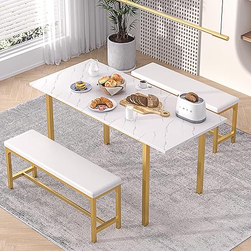 Miniatura 7 de VECELO Mesa de cocina extensible de 3 piezas de 63 pulgadas con bancossillas, moderno juego de desayunocomedor para 462, diseño de ahorro de espacio