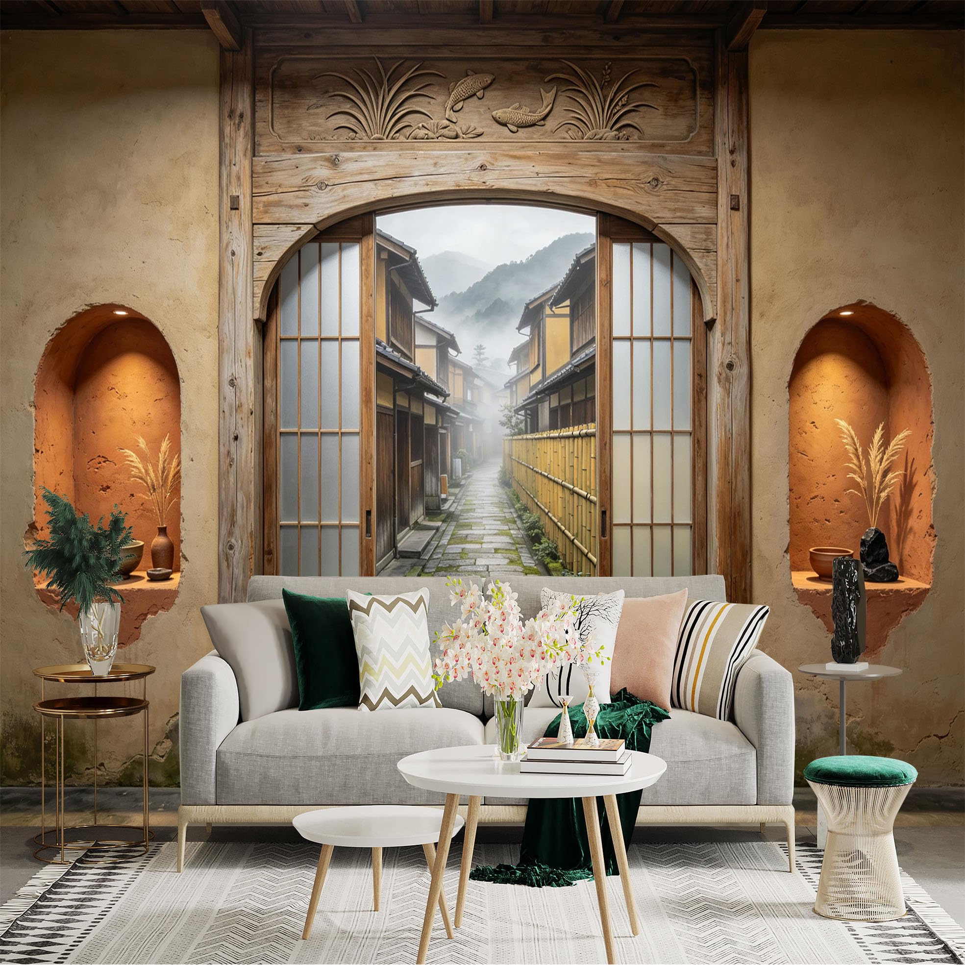 Custom Size Wall Sticker Mural， Japanese Style Wooden Gate and Misty Alley， for wall Decoration， peelandstick wall Decals.