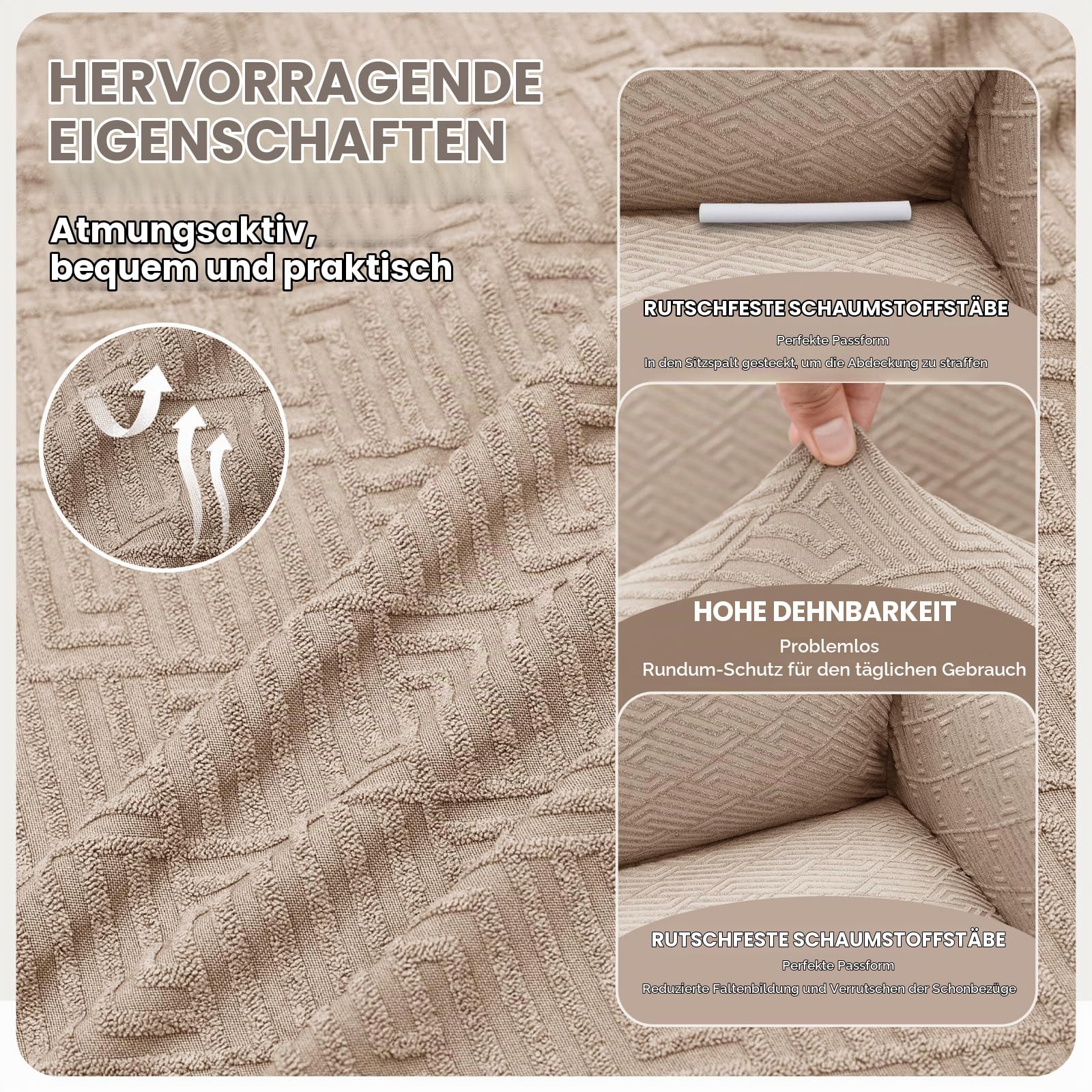 YSTELLAA Stretch Sofa Überzug 3 Sitzer, Sofaschoner rutschfest Mit Armlehne, Universal Jacquard Sofabezug, Dicke Sofabezug Für Hunde Katzen Und Haustiere, Waschbare Sofa Cover, Khaki