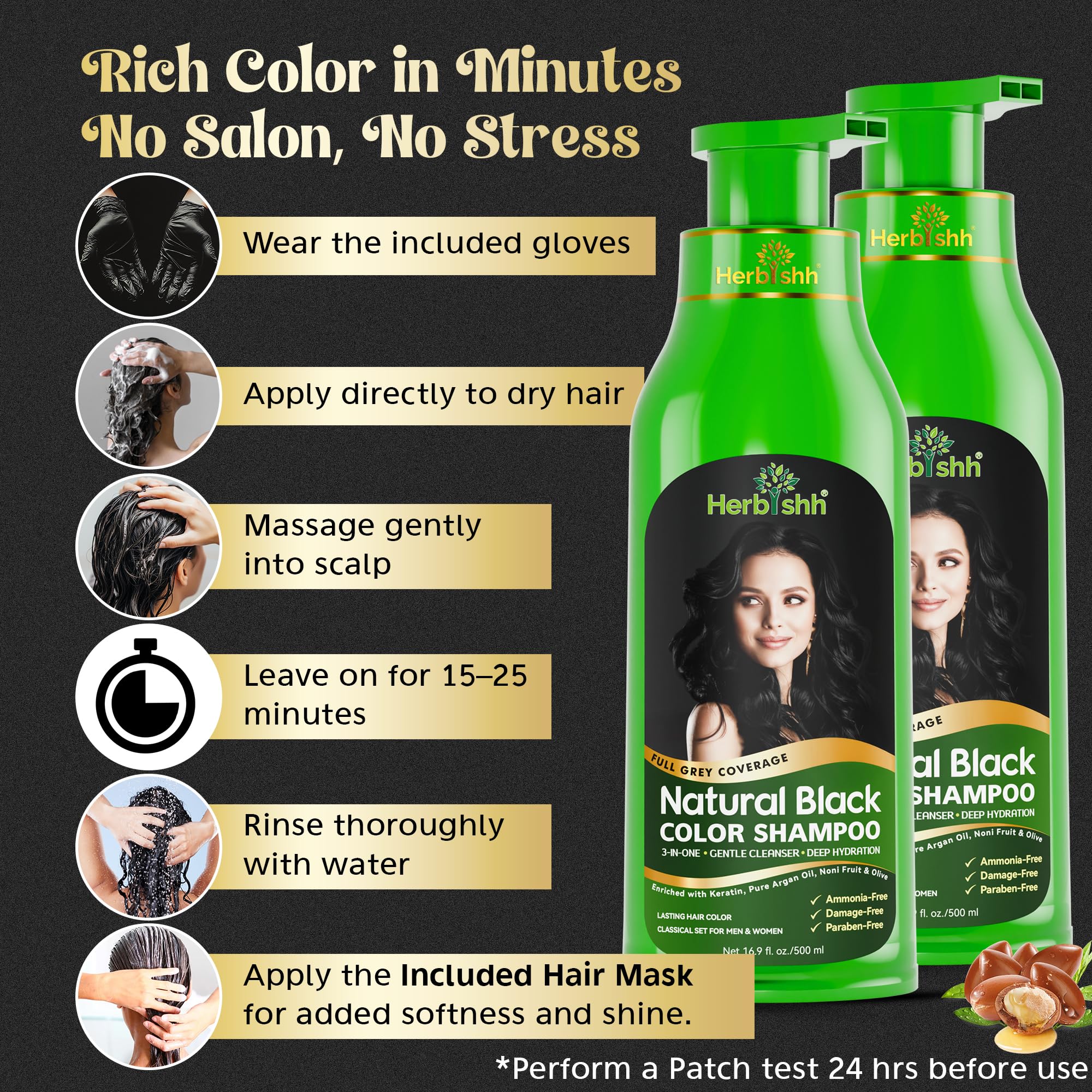 Herbishh Ultimate Haarfärbeshampoo Kit (2 Stück + Argan Haarmaske) für Graues Haar - Permanente Färbung für Männer und Frauen - Langanhaltend (Black)