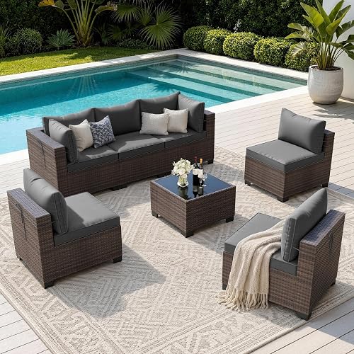 Outdoor Patio Furniture Set, 7 Pieces Outdoor Sectional Furniture Patio Sofa, All-Weather PE Rattan Patio Conversation Set with Tempered Glass Top Table & Cushions(Grey).
