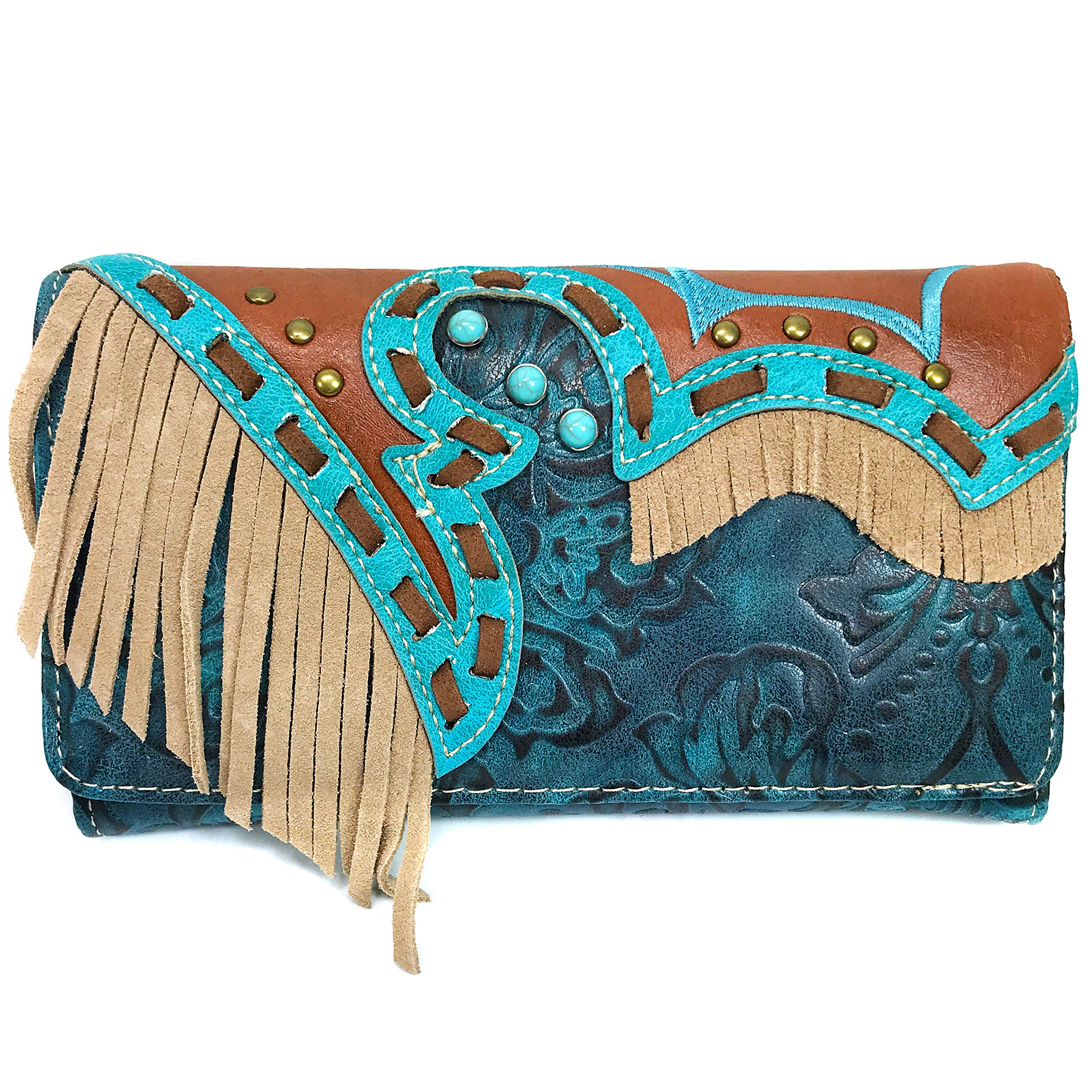 Zelris Women Crossbody Wallet Turquoise Concho Suede Fringe Two Tone Cowgirl Trifold Open