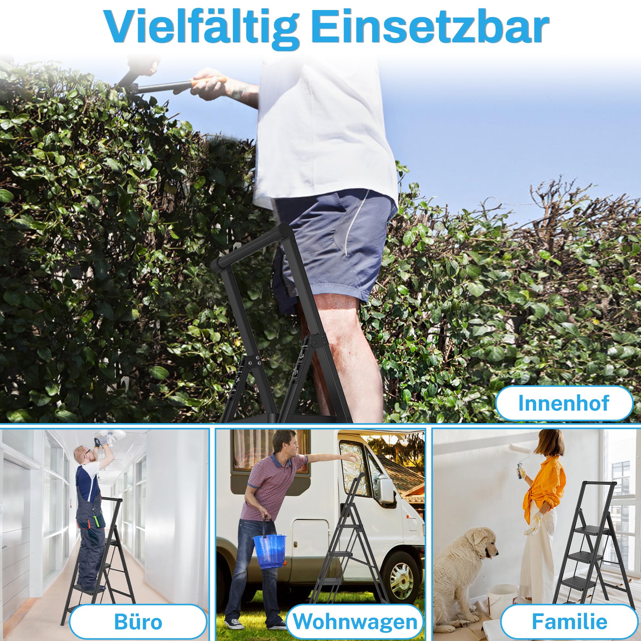 Froadp Trittleiter 4 Stufen Klappbar rutschfeste Stehleiter Eisen Klappleiter Multifunktionale Leiter mit Handlauf Tritthocker Haushaltsleiter für Haus Küche und Außenbereich Belastbar bis 270 kg