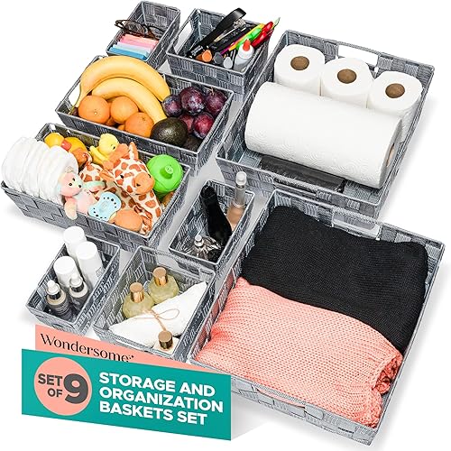 Miniatura 2 de Wondersome Juego de cestas de almacenamiento  9 piezas organizadores para el hogar  Contenedores apilables de tela tejida  Armario, lavandería,