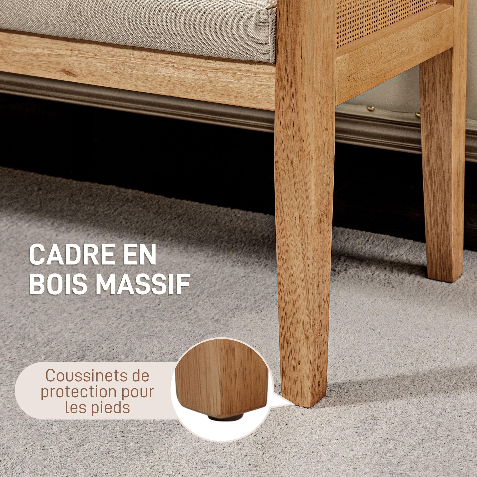 HOMCOM Banc Bout de lit, Banc d'entrée, accoudoirs en rotin et Cadre en Bois Massif, Assise rembourrée en Tissu Aspect Lin, Bout de lit pour Chambre, Salon, Design Moderne, crème