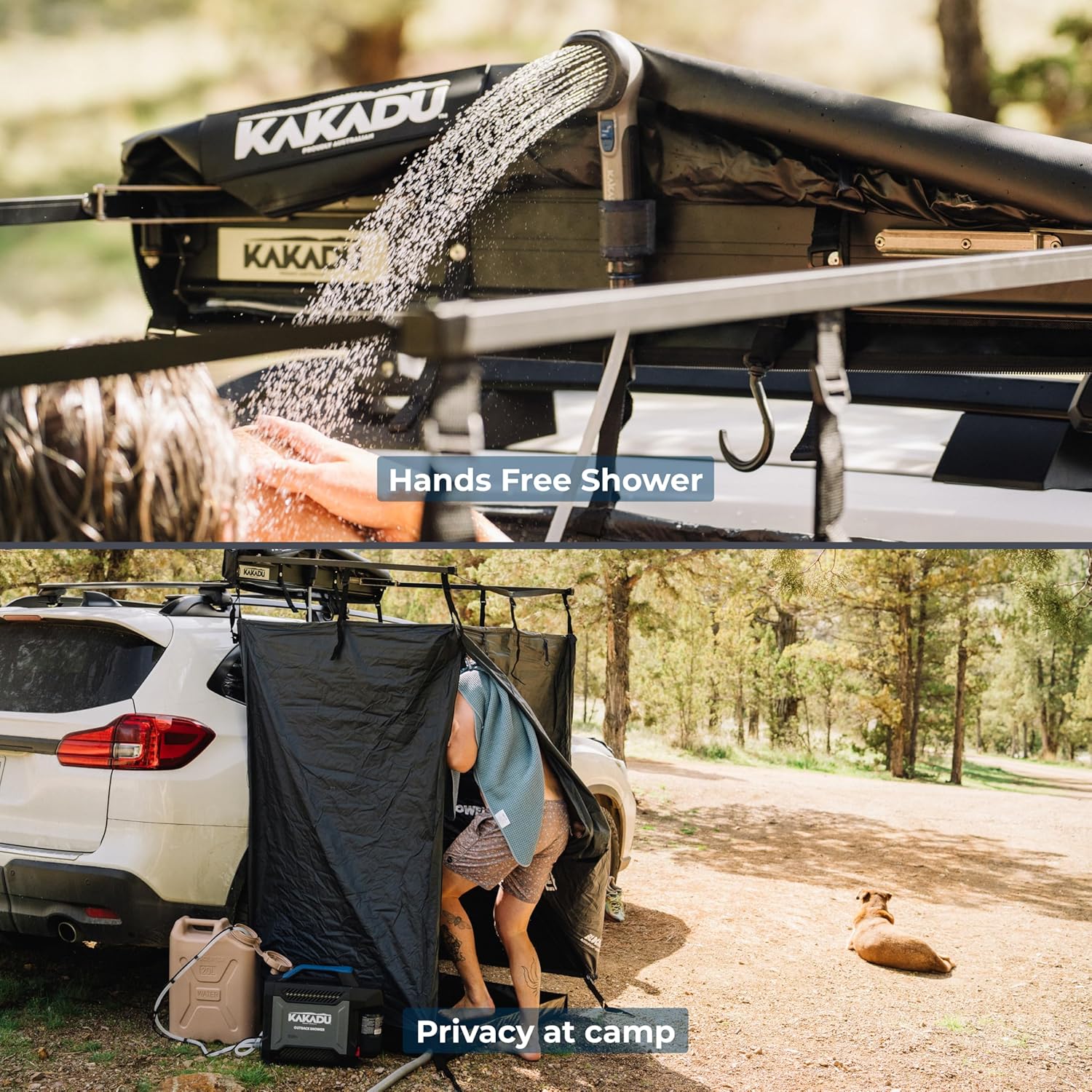 Kakadu Outback Shower Vehicle Tent, Camping Privacy Shelter, Bathroom Tent for Cars – with Roof, LED Light, BlockOut® Technology, Towel Rod, Storage System
