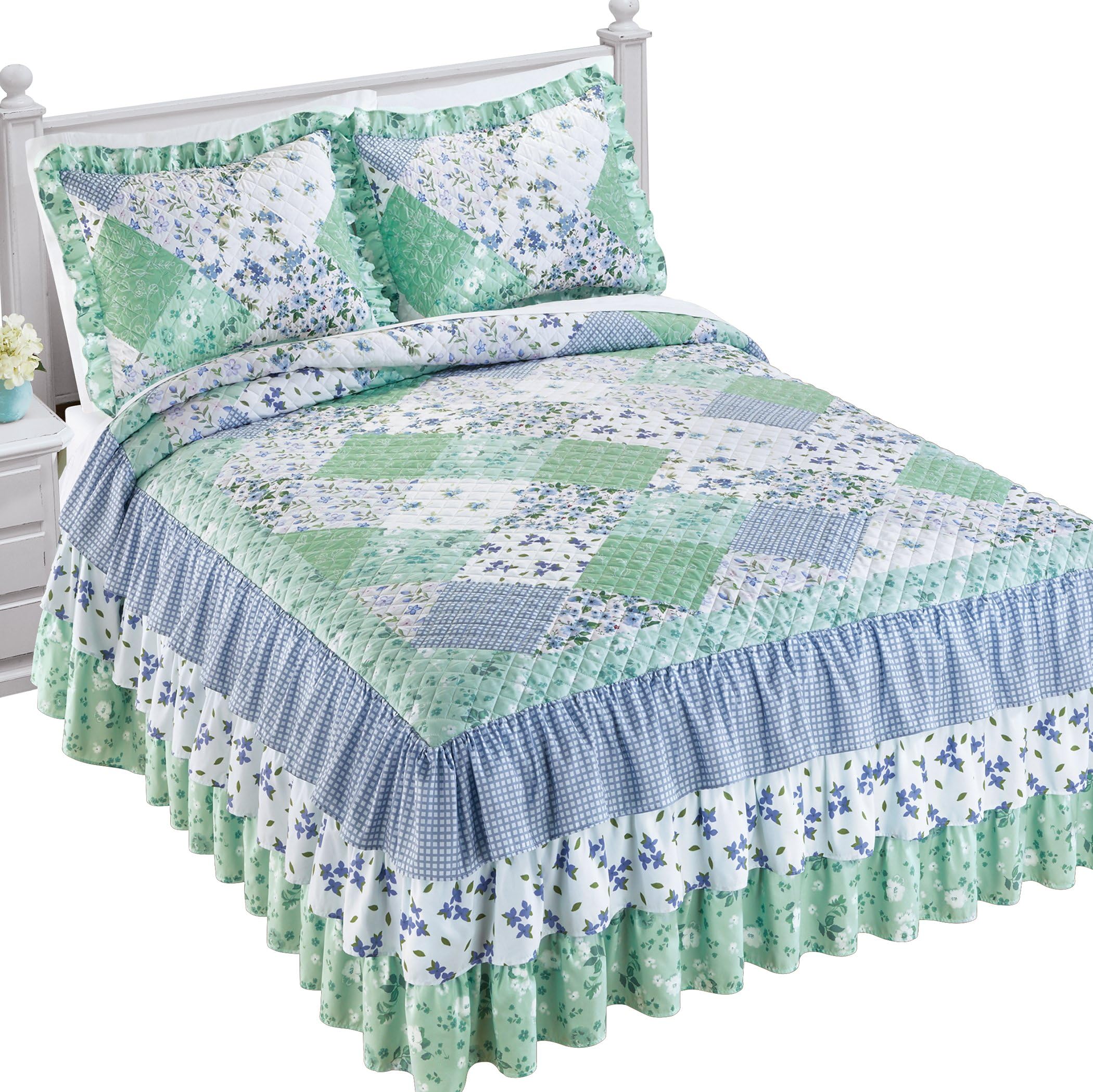 Collections Etc Garden Patchwork Quilt Top Triple Ruffle Bedspread