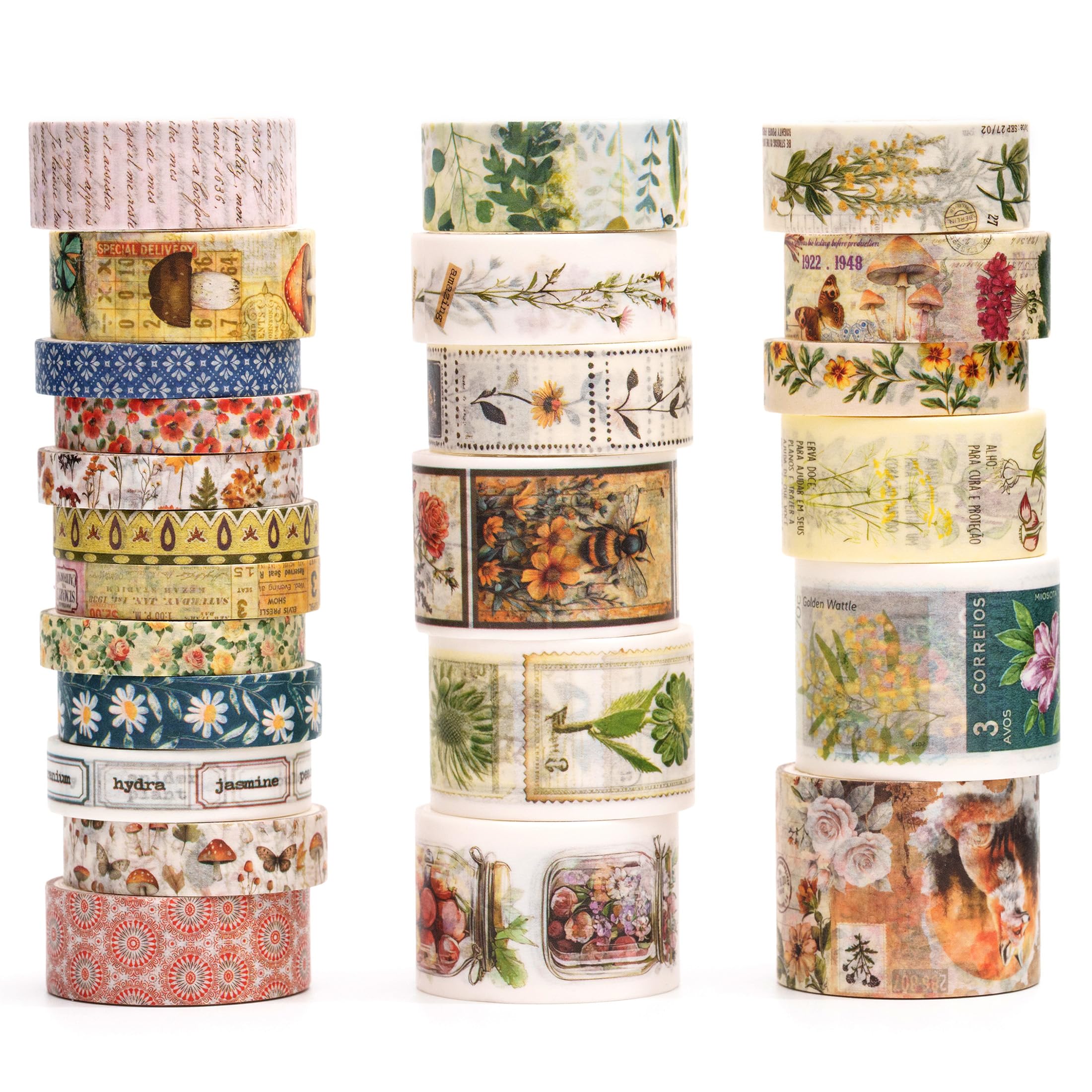 Songdao Vintage Washi Tape Set - 24 Rolls Arts Adhesive Tapes Assorted Retro Decorative Masking Tape Sets for Craft, Kids, Scrapbook, DIY, Gift Wrapping (5-Botanical Garden)