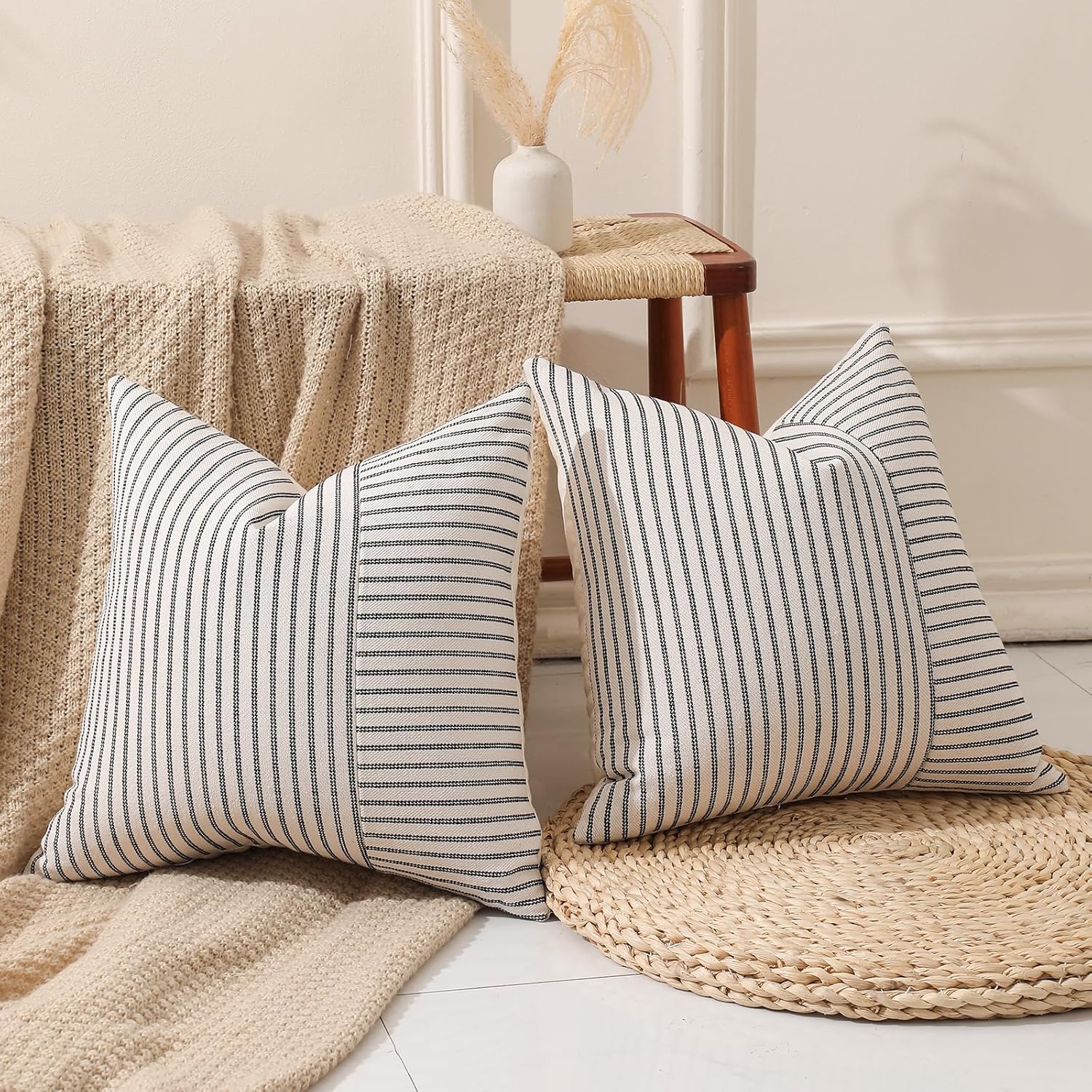 Hckot Black and Beige Patchwork Farmhouse Throw Pillows Covers 18 x 18 Inch, Pack of 2 Striped Decorative Pillow Case for Sofa Couch Bed Chair Modern Boho Decor(Black) - Image 2