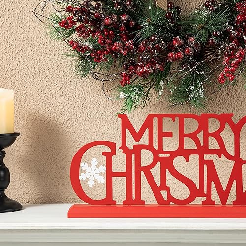 Miniatura 5 de Glitzhome Letrero de madera de metal con texto en inglés "Merry Christmas", decoración de mesa de Navidad, recorte decorativo, decoración de mesa de