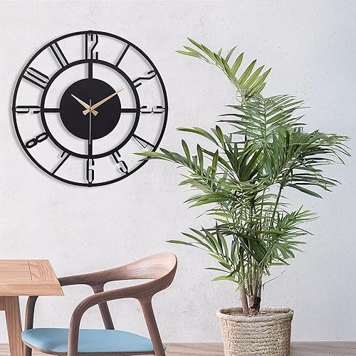 Miniatura 55 de Reloj de pared de metal de 20 pulgadas, redondo, silencioso, moderno, analógico, grande, funciona con pilas, reloj de pared para sala de estar, Negro