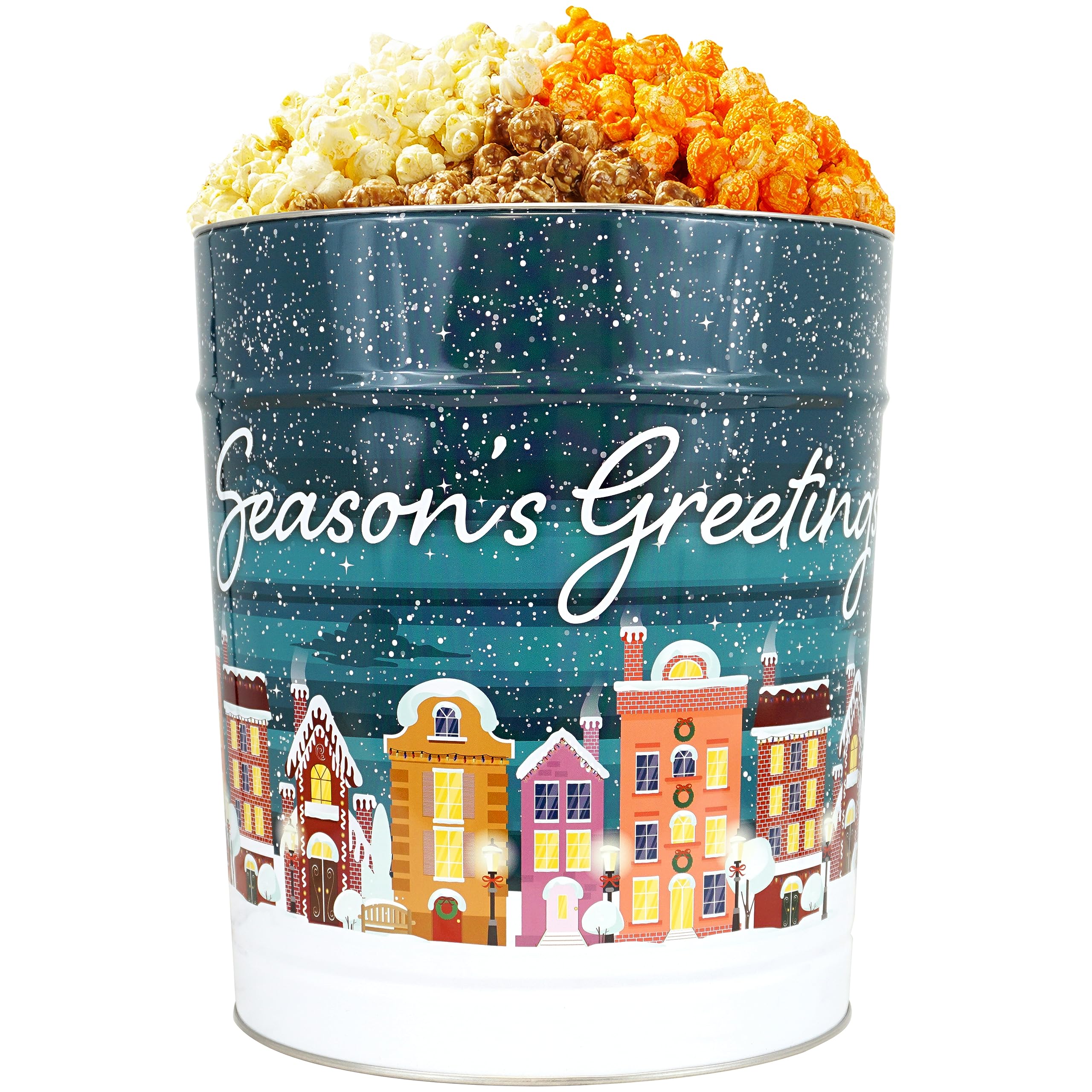 3 Flavor, 3.5 Gallon Season's Greetings Gourmet Popcorn Tin, Butter Popcorn, Caramel Popcorn & Orange Cheddar Cheese Popcorn, The Hampton Popcorn & Candy Company (48 Oz., 3.5 Gallon Tin)