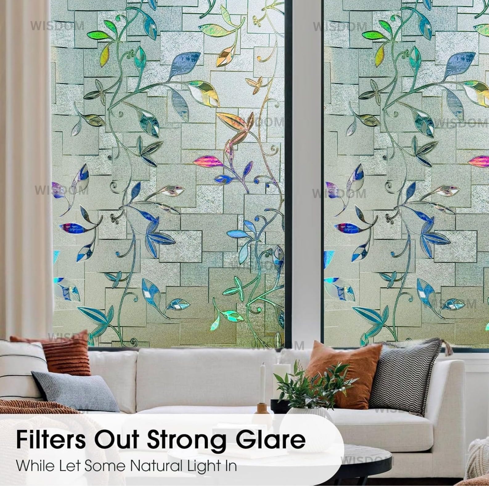 WISDOM Premium Frosted Glass Window Film Self Adhesive Decorative Glass Window Privacy Sheet Film UV Control Removable Vinyl Privacy Film (Rainbow Leaves, 12x100 Inch) 2