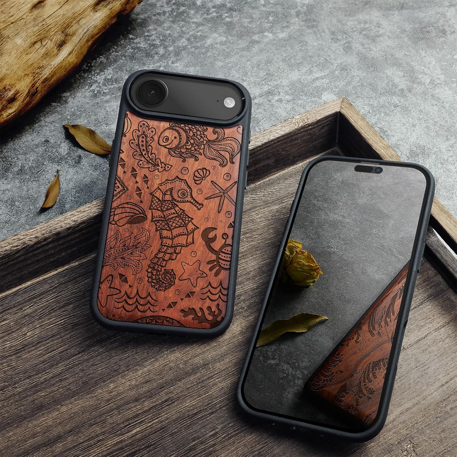 Carveit Magnetic Wooden Case for iPhone Air Case, Wood Artisan Engraved & Soft TPU Shockproof Cover, Compatible with MagSafe 17 Air Wireless Chargers (Seahorse Aquatic Symphony) Rosy