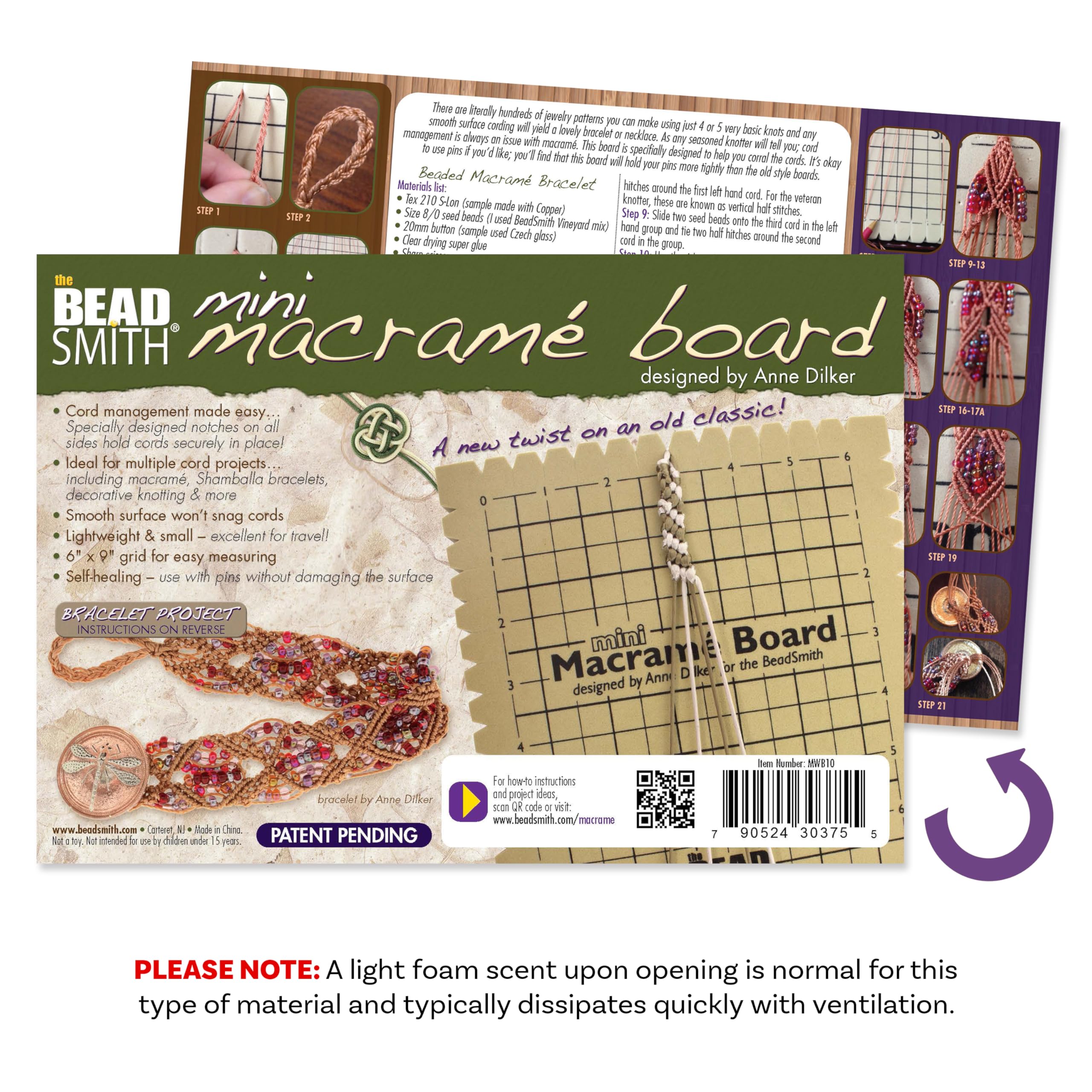 The Beadsmith Mini Macrame Combo regał na koraliki, 19 x 26,7 cm, 40-pinowe pudełko w kształcie litery T 4,4 cm, projekt bransoletki i instrukcja w zestawie, idealny do mocowania i robienia makramy,