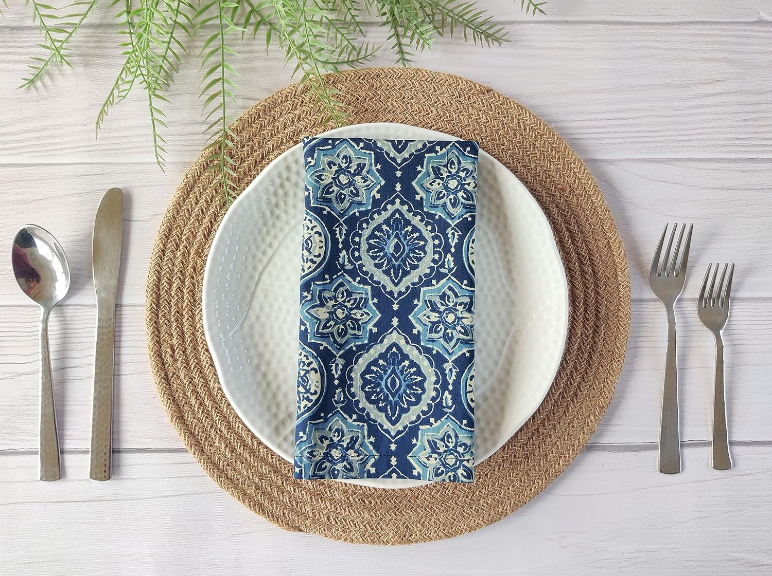 Thin Washable Cotton Napkin 18x18 inches - Lightweight Cloth Dinner Napkins Set of 6 - Everyday Use or Dinner Party and Events - Blue and Green Floral Indian Block Print Soft Fabric by Craftbot