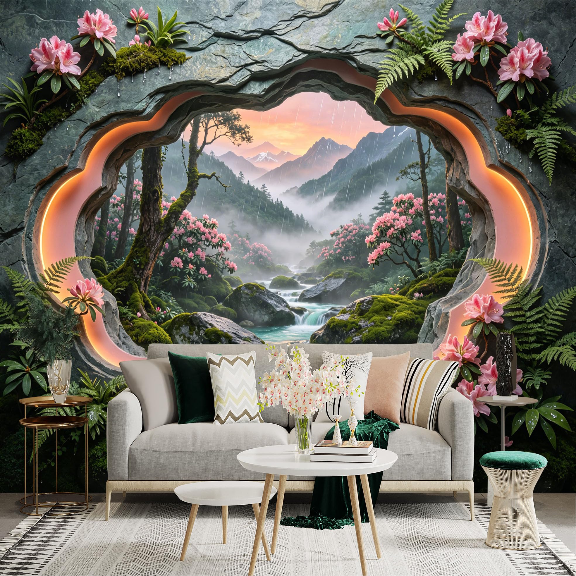 Custom Size Wall Sticker Mural， Fantasy Mountain Valley with Waterfall， Pink Flowers and Misty Forest， for wall Decoration， peelandstick wall Decals.