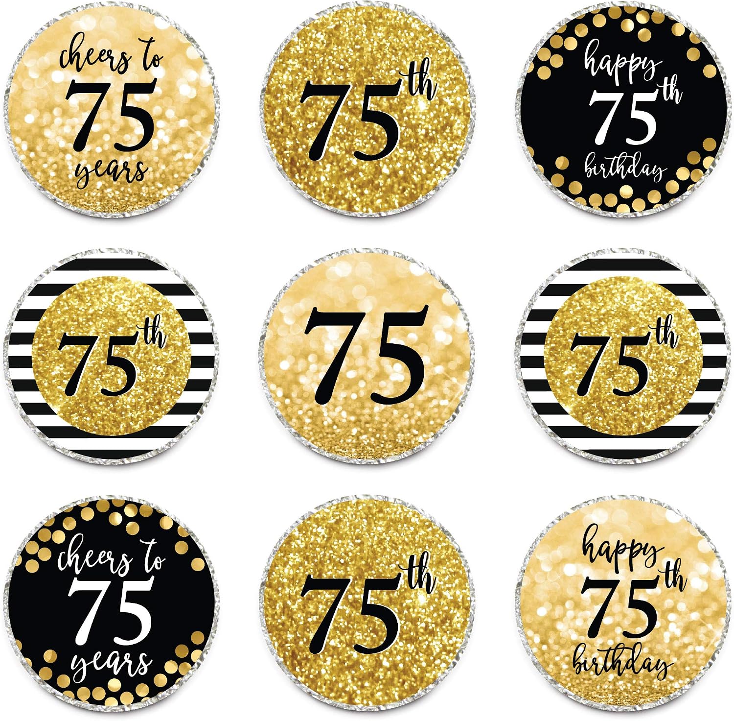 Andaz Press Glitzy Faux Gold Glitter Milestone Chocolate Drop Labels, Cheers to 75 Years, 75th Birthday or Anniversary, 240-Pack, Not Real Glitter, Fits Kisses Party Colored Supplies