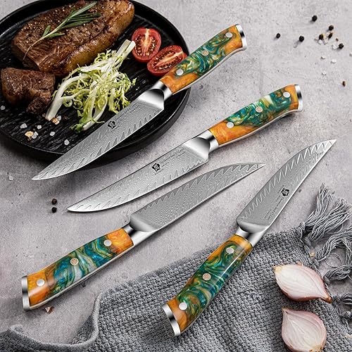 Miniatura 5 de WILDMOK Cuchillos para carne, juego de 4 cuchillos de carne no dentados de 5 pulgadas, cuchillos japoneses de acero Damasco VG10, cuchillos de carne