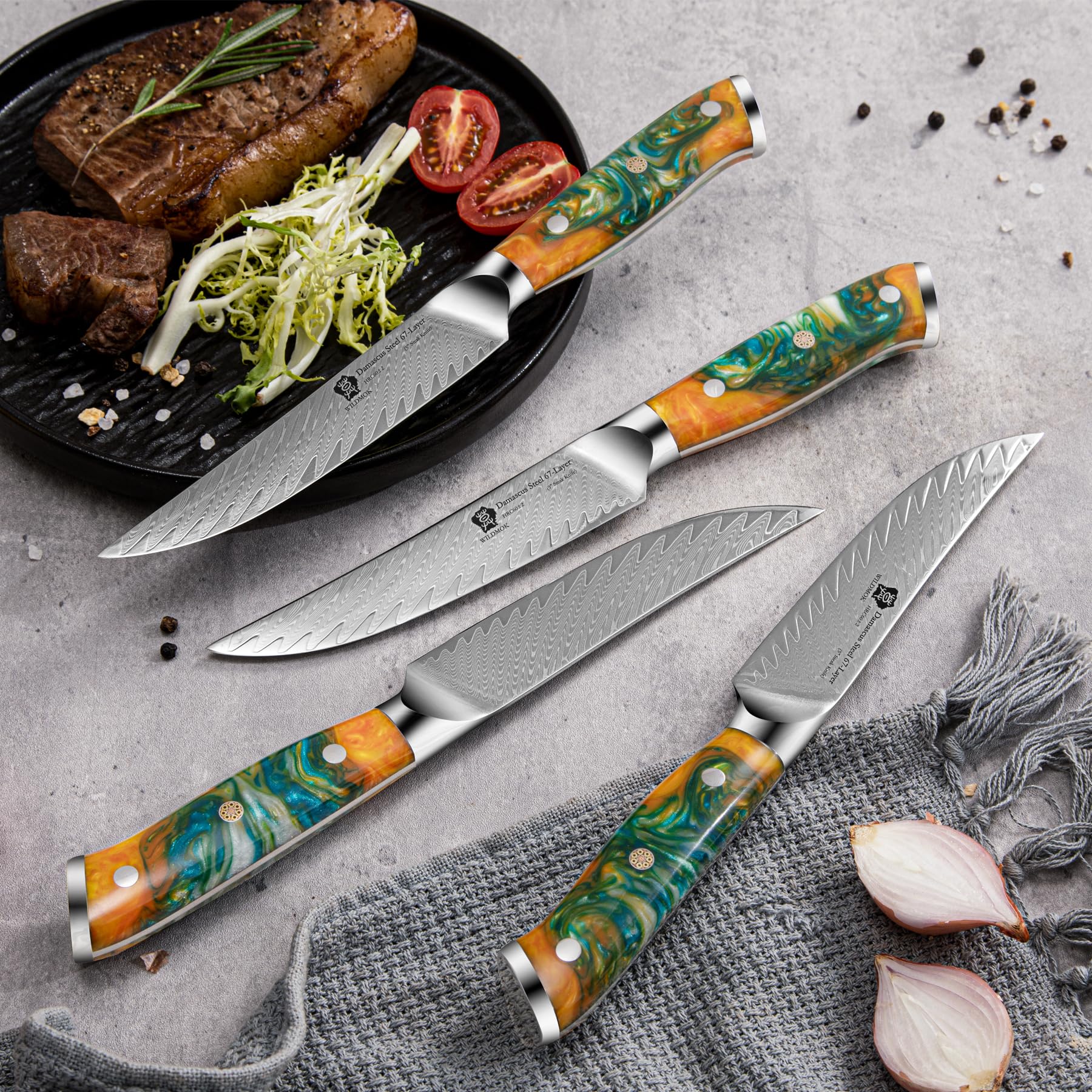 WILDMOK Cuchillos para carne, juego de 4 cuchillos para carne no dentados de 5 pulgadas, cuchillos para carne japoneses Damasco VG10, juego de cuchillos para carne premium con caja de regalo