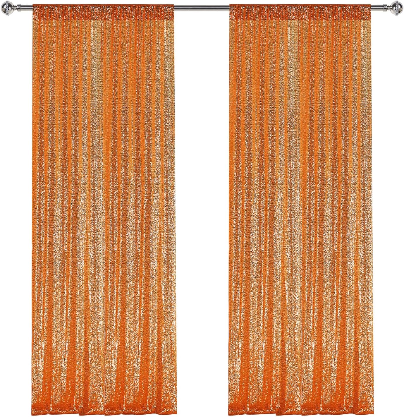 Orange Sequin Backdrop Curtains 2 Pack (2FT X 8FT Each) - Glitter Photography Drapes For Wedding, Birthday, Party Decor