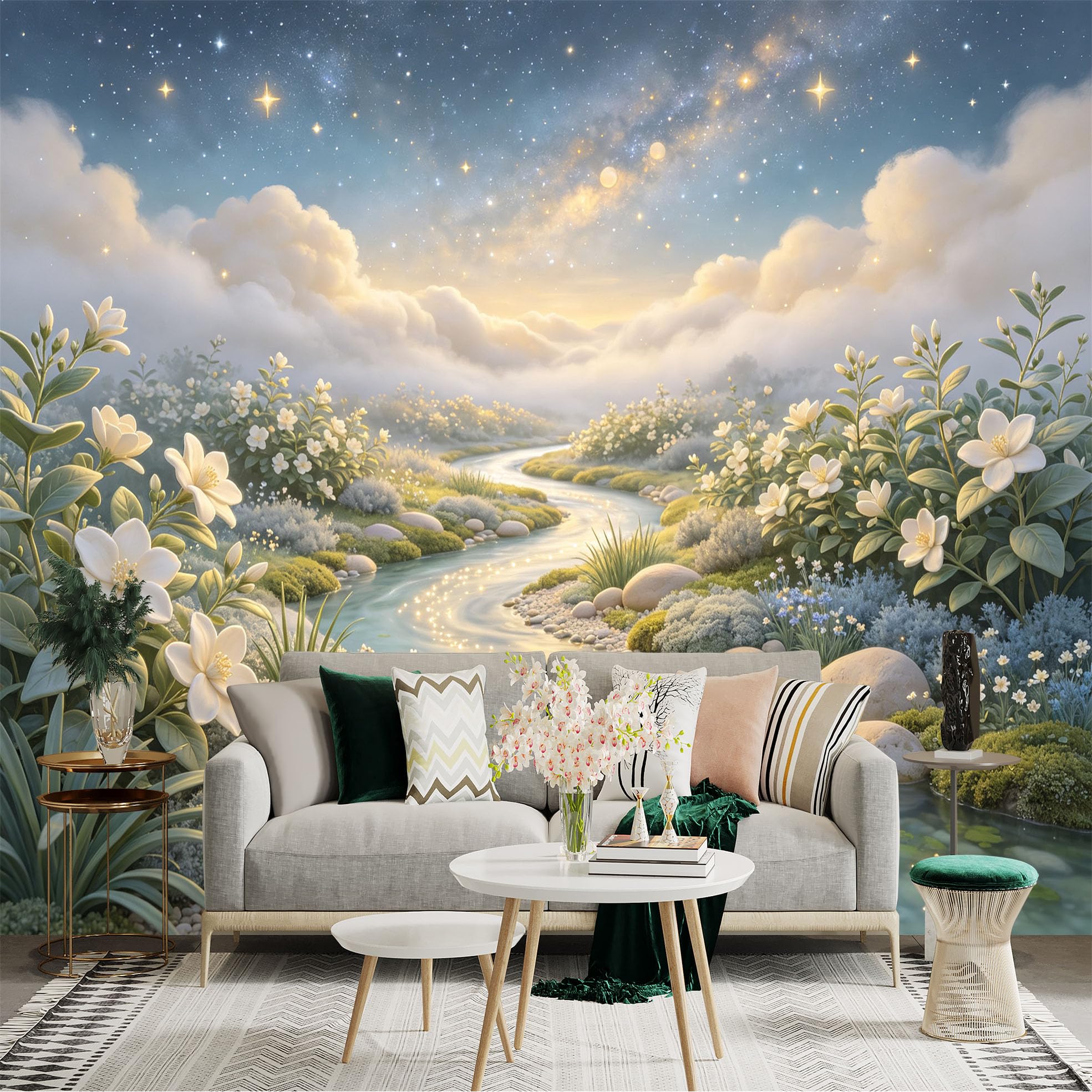 Lnzczhyre Bh260719521 Custom Size Wall Sticker Mural， Dreamy River Landscape With Glowing White Flowers And Starry Night Sky， For Wall Decoration， Peelandstick Wall Decals.