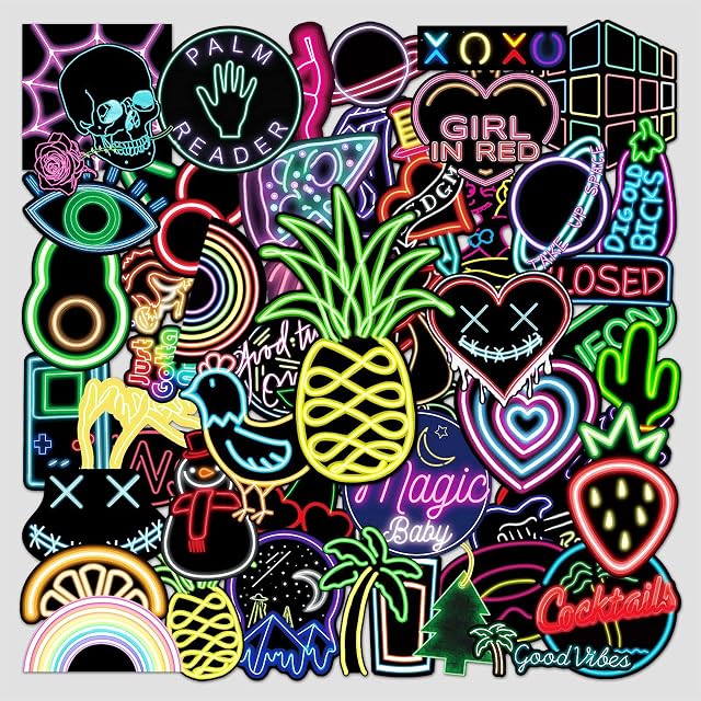 iMaMa Cool Neon Stickers Pack 50pcs, Laptop Stickers Bomb Vinyl Stickers Variety for Scrapbooking, Art, Crafts, MacBook, Skateboard, Luggage, Bullet Points, Laptop Stickers, Bumper Stickers