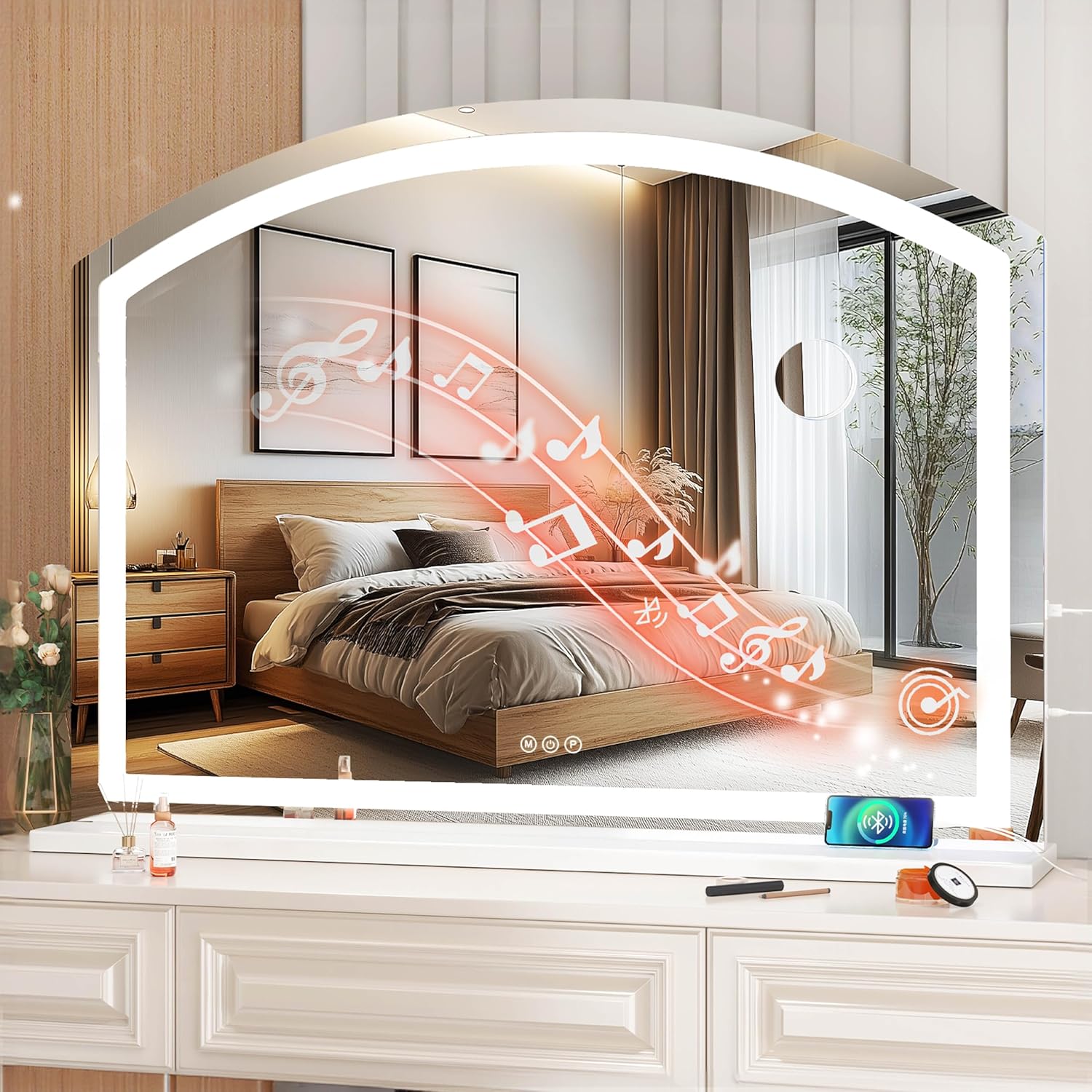 ((SIMILAR )) Hasipu Arch Vanity Mirror with Light, 32" x 24" Arched Led Makeup Mirror with 10X Magnification, Lighted Makeup Mirror with Bluetooth Speaker, USB Charging Port, Dimmable 3 Colors Mode Arch Led 32" x 24" - Bluetooth