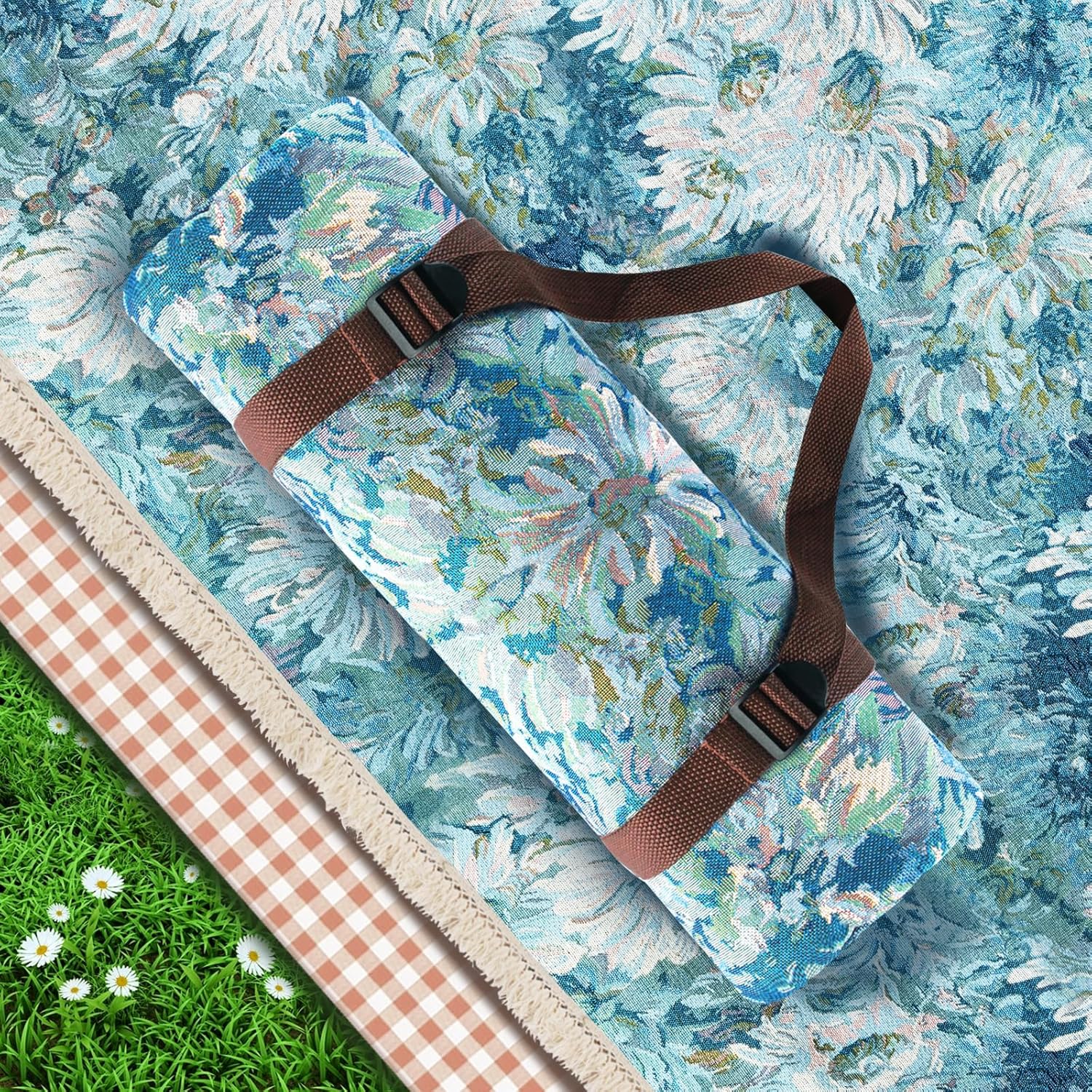 Picnic Blanket, 80"x 60" Reversible Beach Blanket Waterproof Sandproof 2 PCS Portable Boho Picnic Mat and Lightweight Beach Mat with Carry Strap Outdoor Blanket for Camping Lawn Park Beach Grass