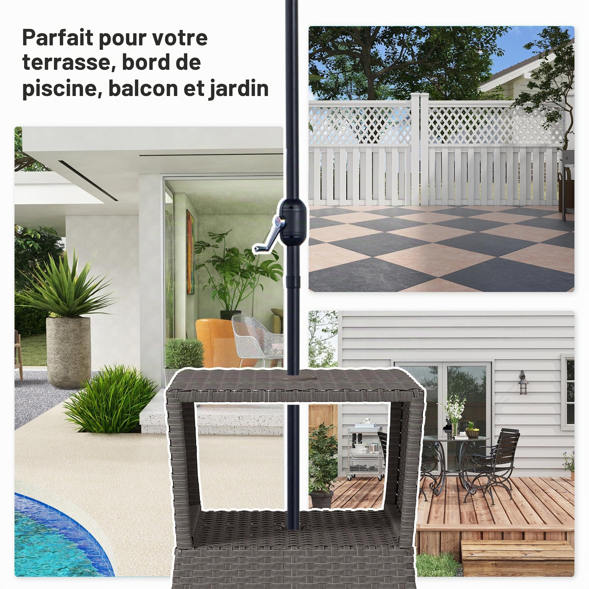 Table basse d'extérieur en rotin Outsunny, table d'appoint de jardin en osier avec trou pour parasol et espace de rangement pour balcon, porche, gris foncé